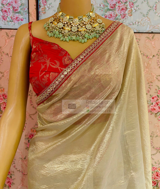 Swarna Beige Crushed Tissue Saree kreationbykj