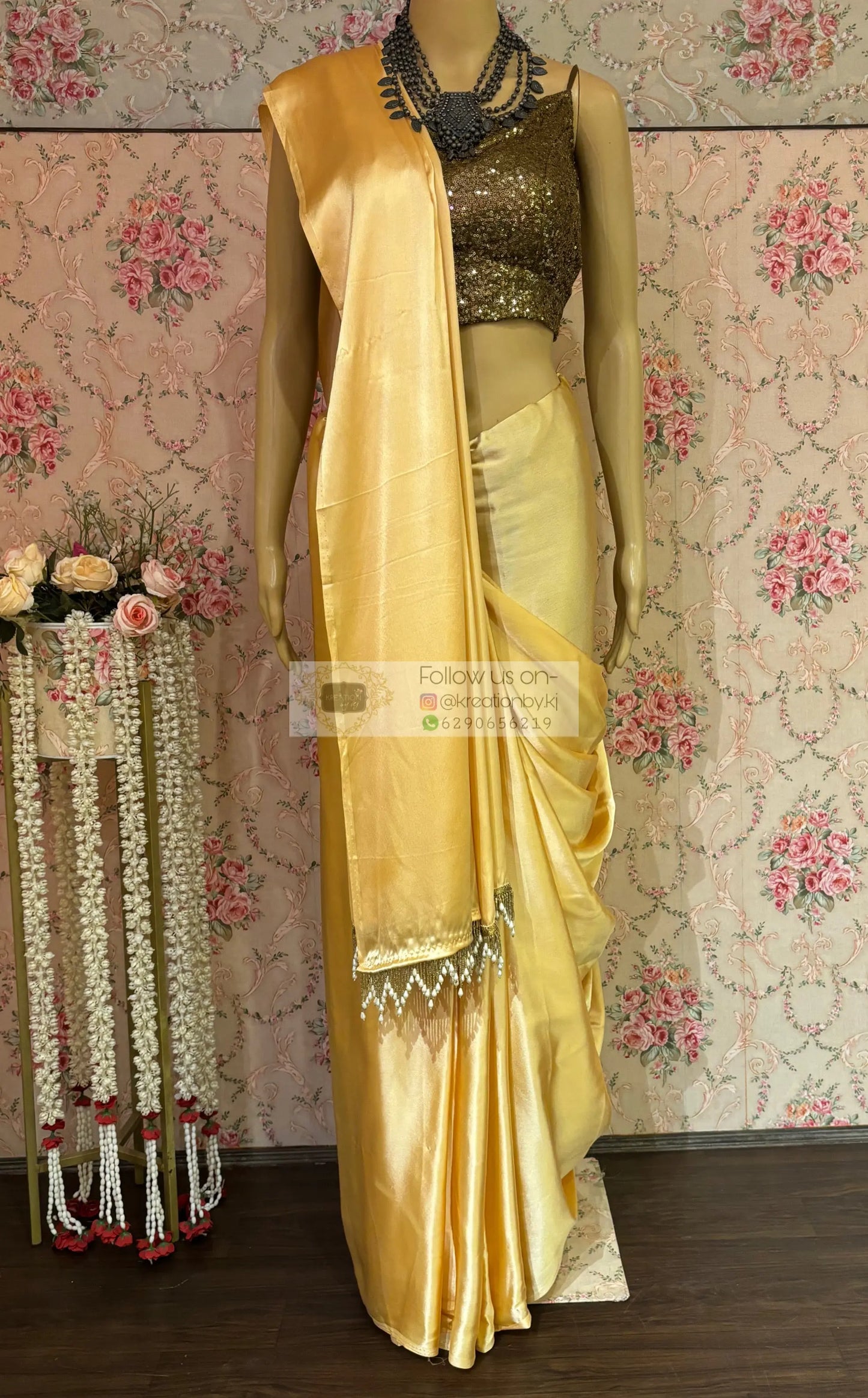 Yellow Cream Satin Silk Saree with Handmade Tassels on Pallu kreationbykj