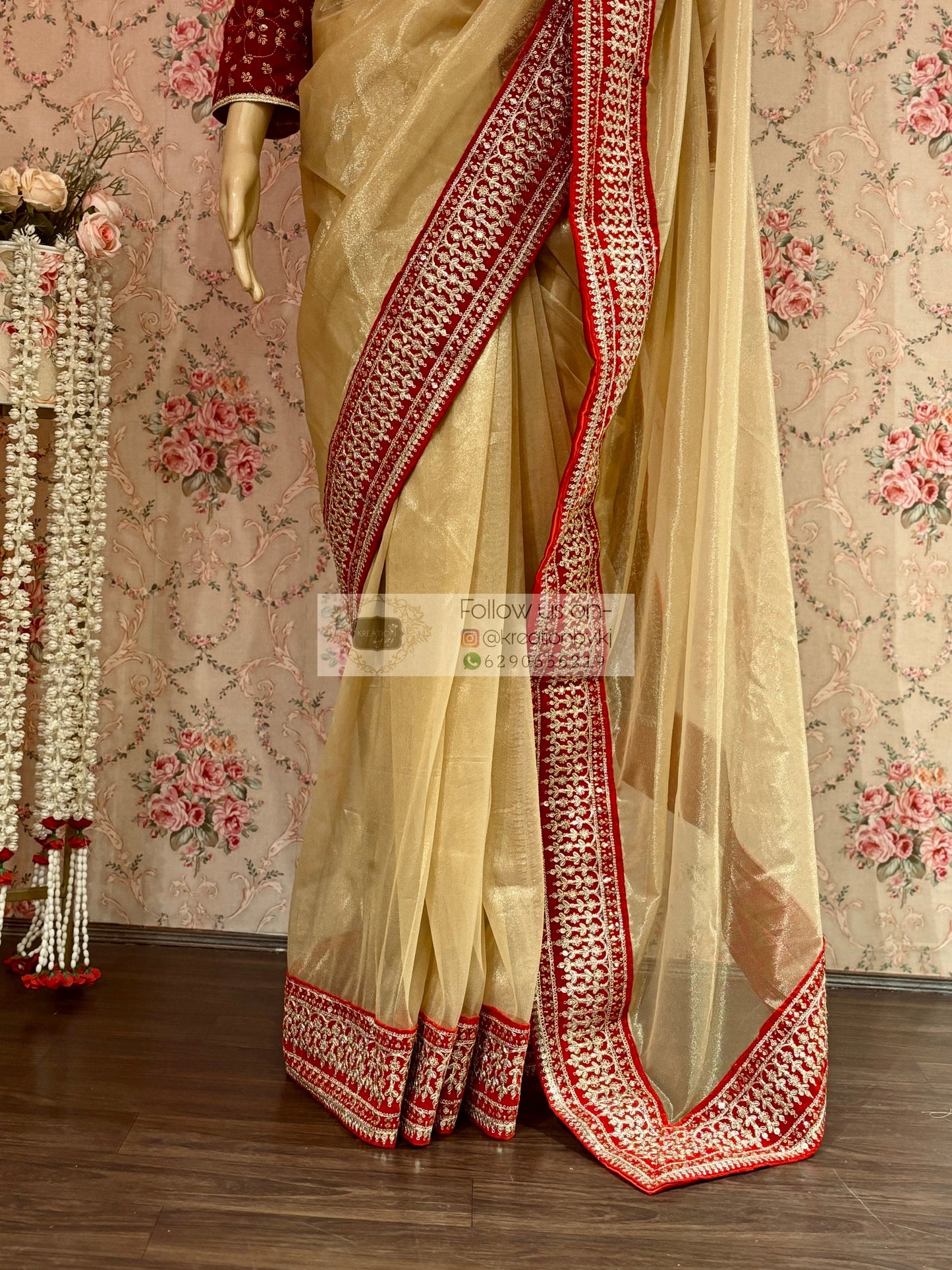 Beige Tissue Net Saree with Red Border kreationbykj