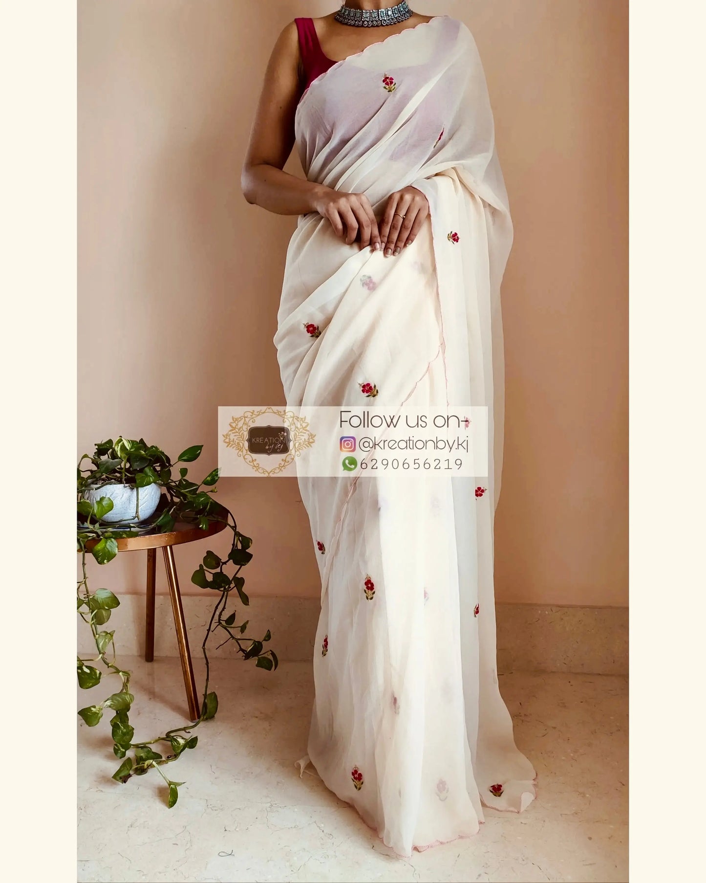 Off White Georgette Periwinkle Saree kreationbykj.in