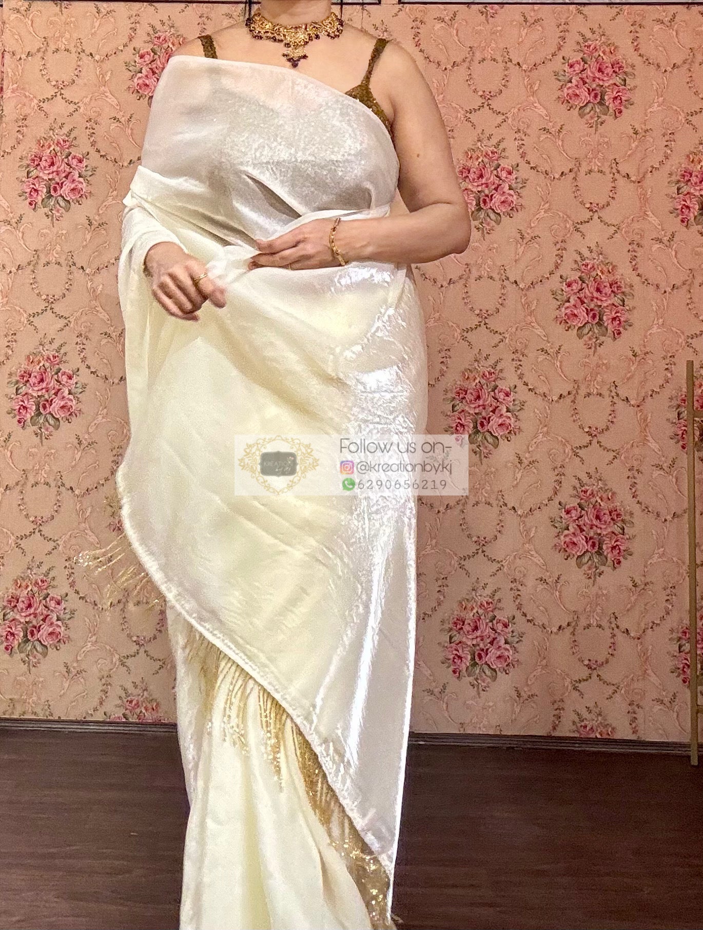 Cream Dream Shimmer Satin Saree - kreationbykj