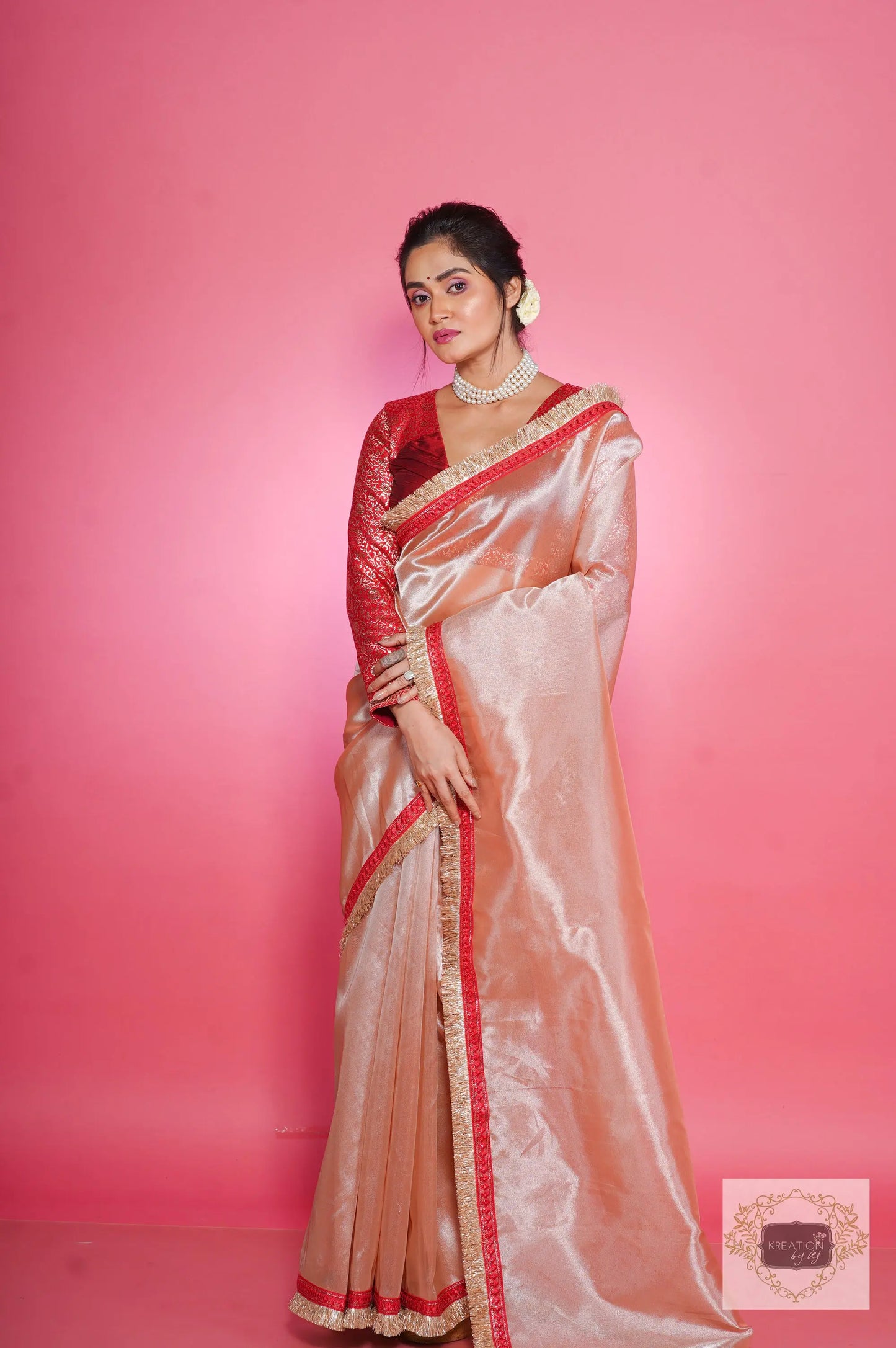 Peach Tissue Banno Saree kreationbykj