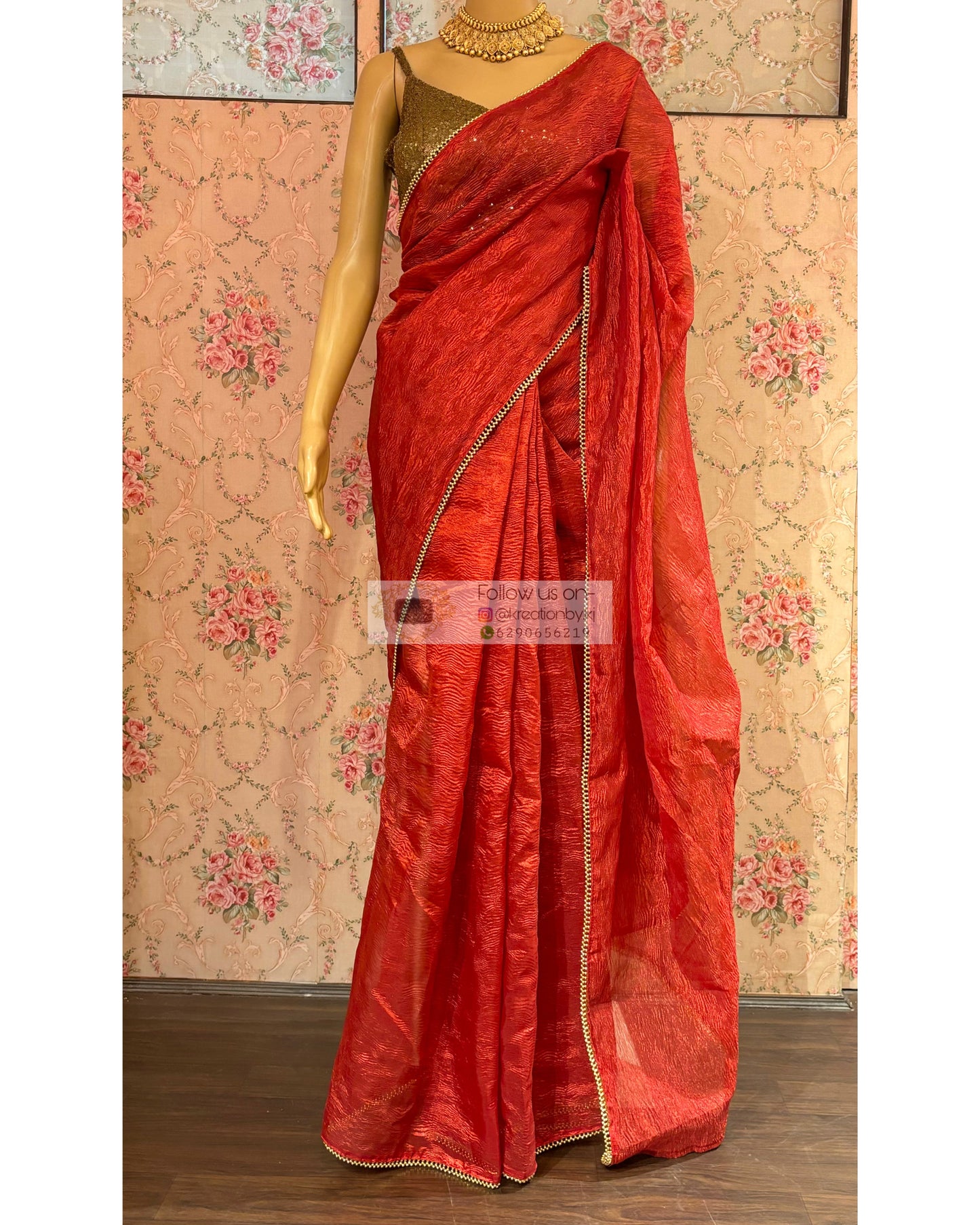 Red Crushed Tissue Saree with Golden Border kreationbykj
