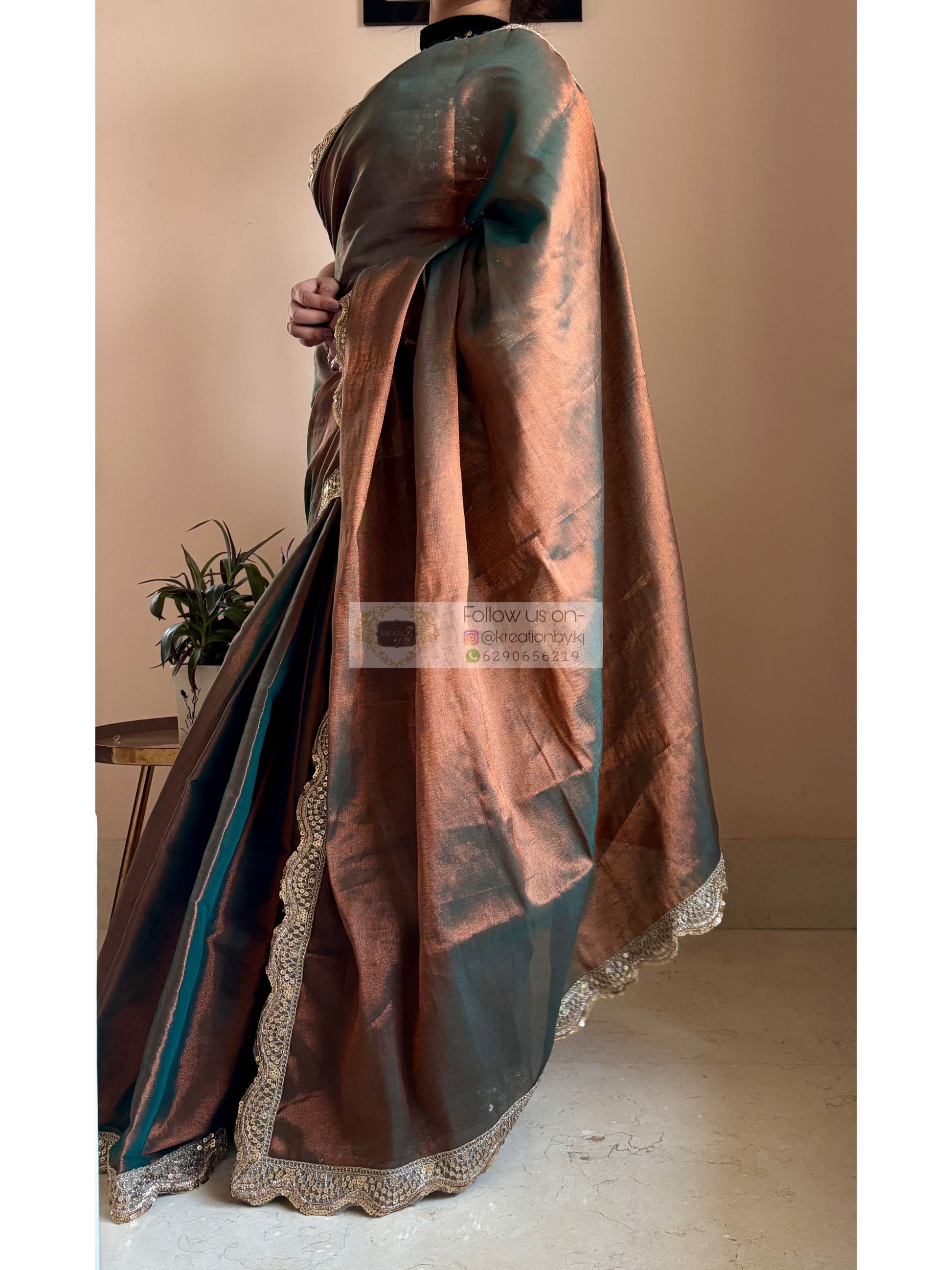 Copper Brown Cotton Tissue Saree with Mehraab Border kreationbykj