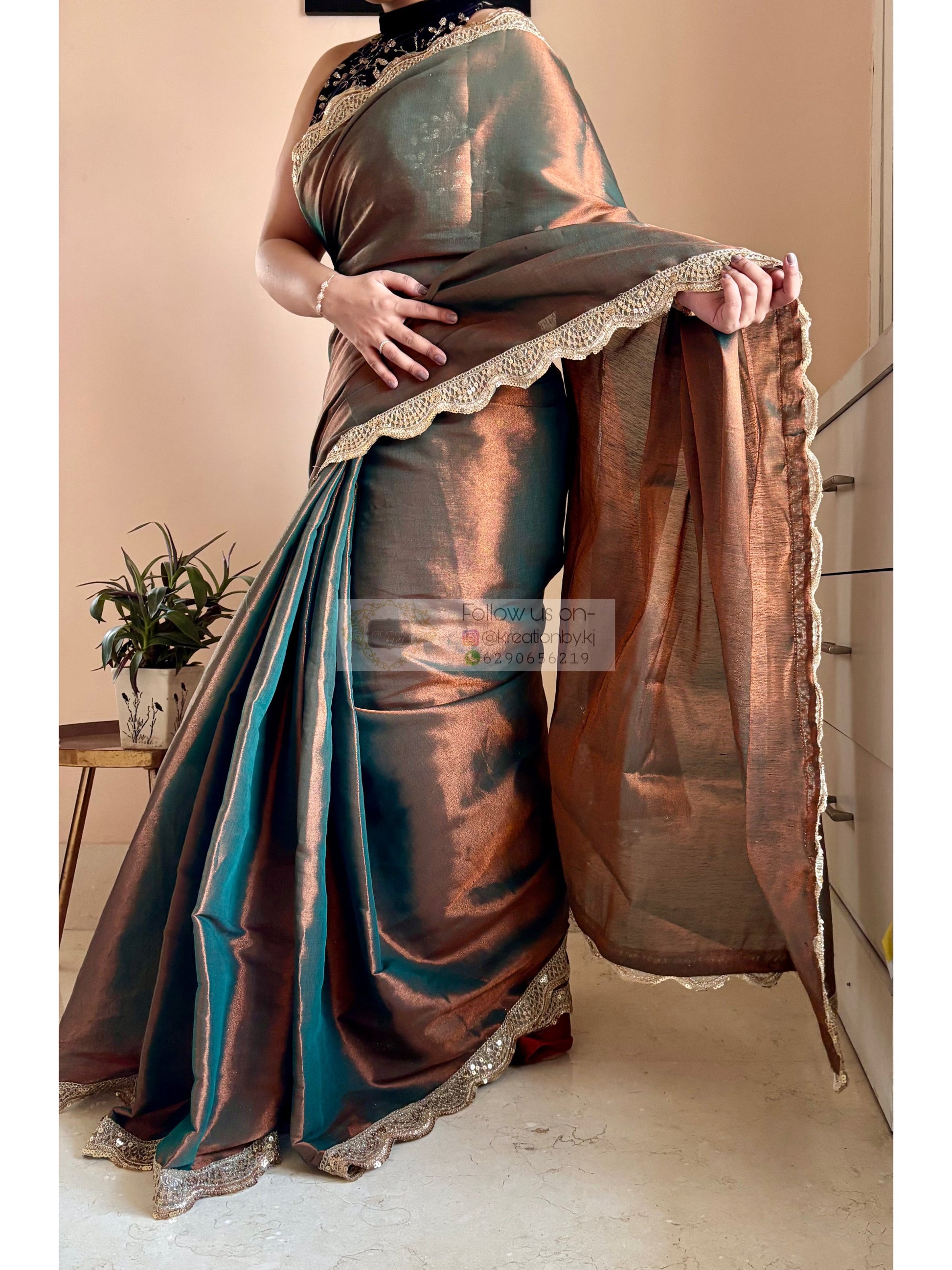 Copper Brown Cotton Tissue Saree with Mehraab Border kreationbykj