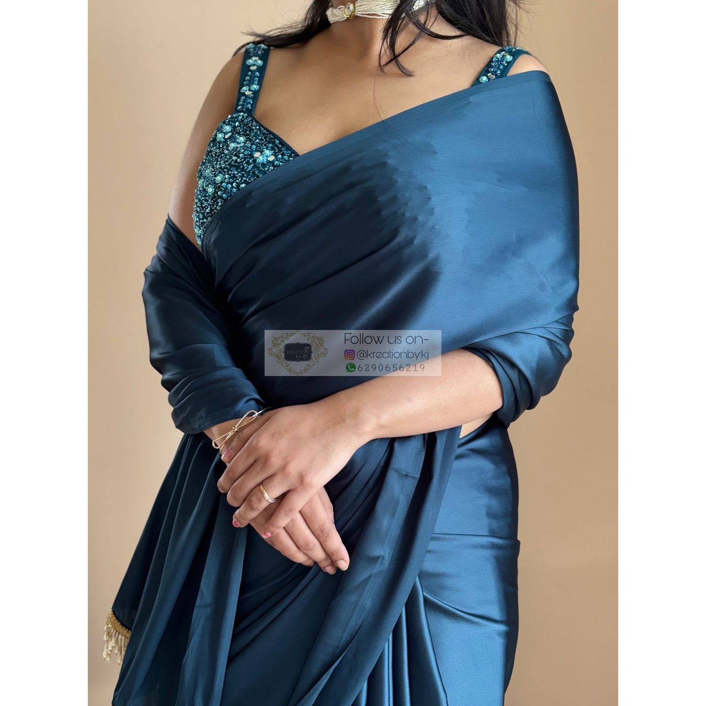 Midnight Blue Satin Silk Saree With Handmade Tassels On Pallu kreationbykj