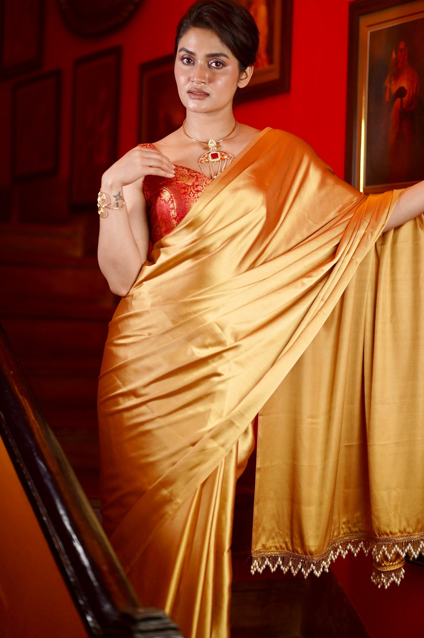 Champagne Gold Satin Saree kreationbykj