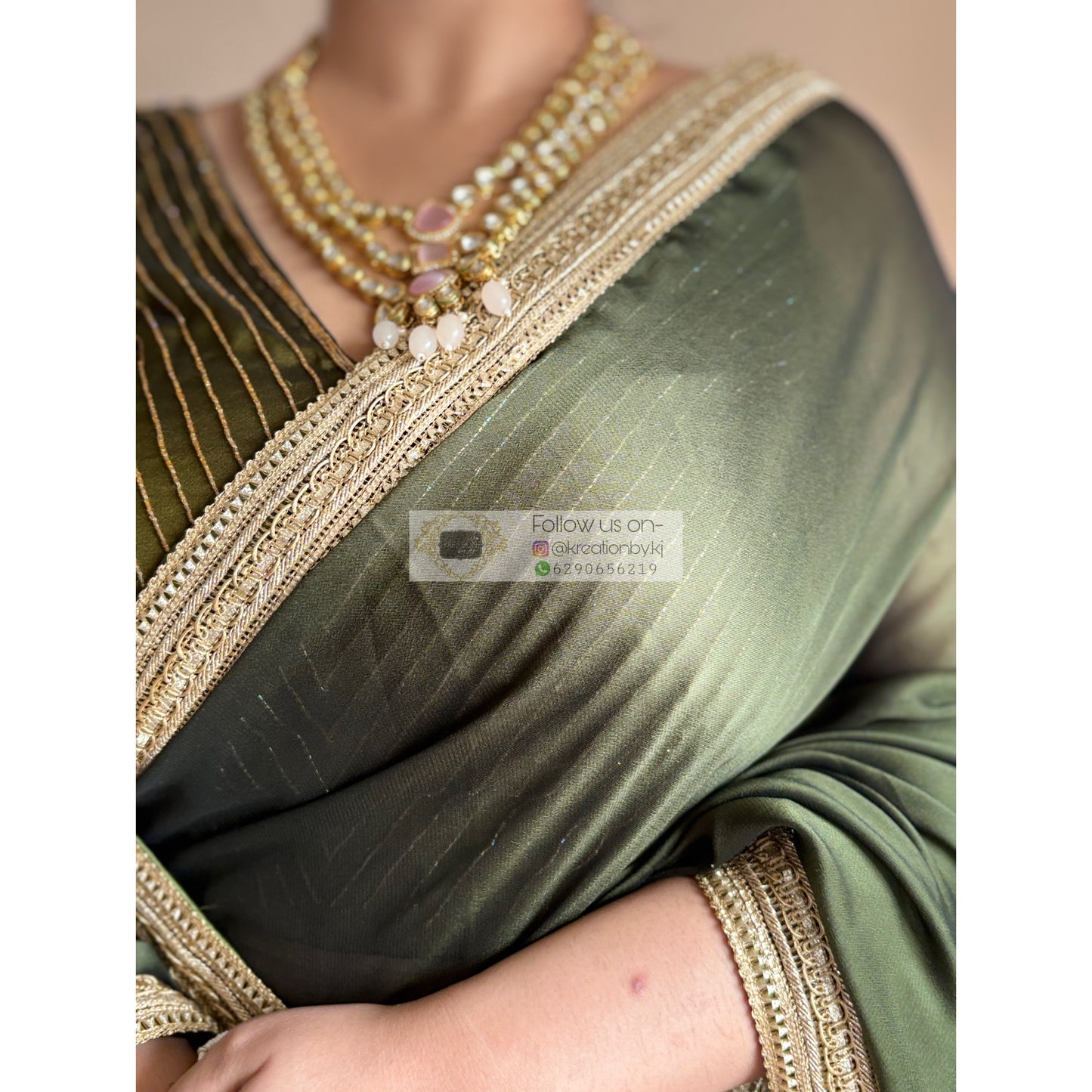 Olive Green Georgette Saree with Golden Border Kreation by KJ