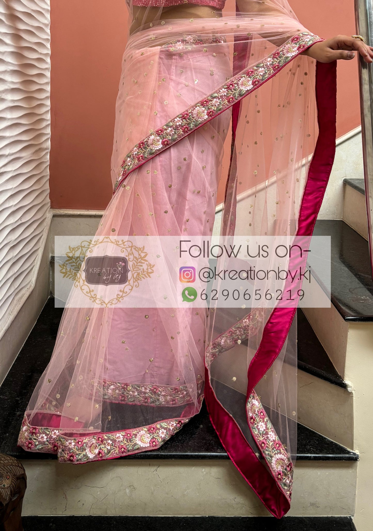 Pink Net Saree with Floral Border kreationbykj