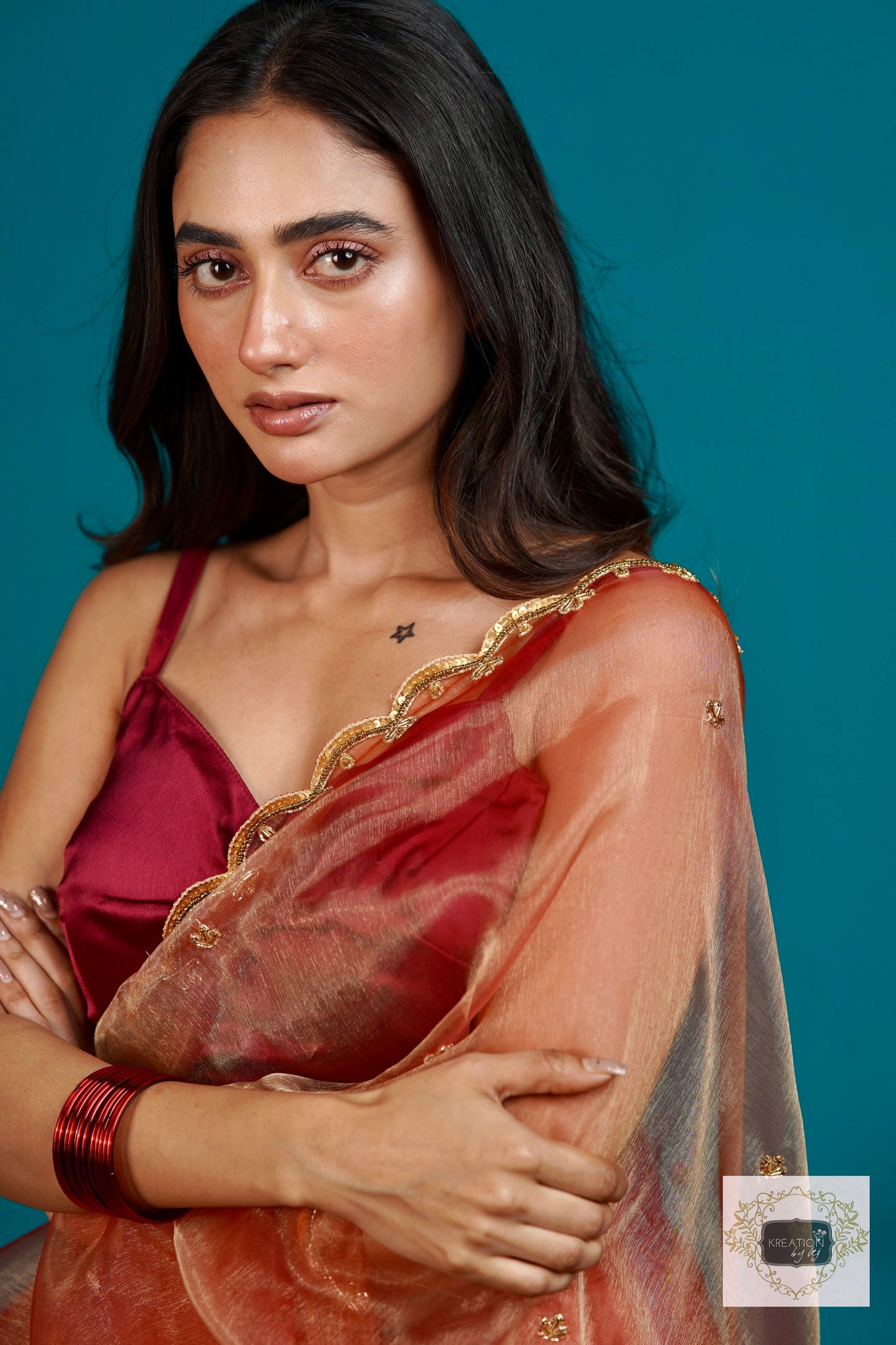 Marigold Glass Tissue Sequin Piyali Saree kreationbykj