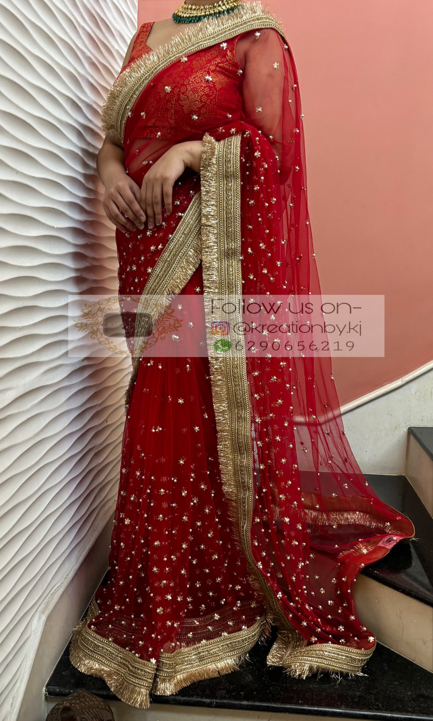 Red Jugnoo Banno Embellished Net Saree kreationbykj