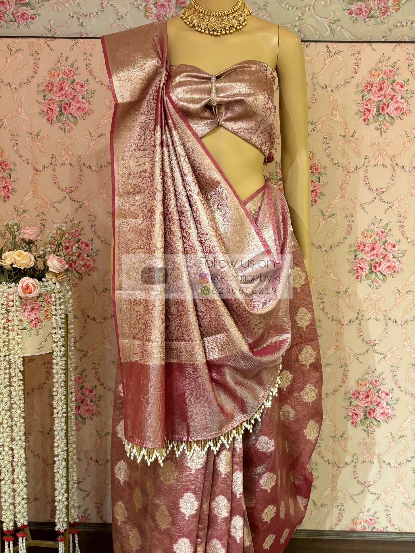Dusty Mauve Banarasi Crushed Tissue Saree kreationbykj