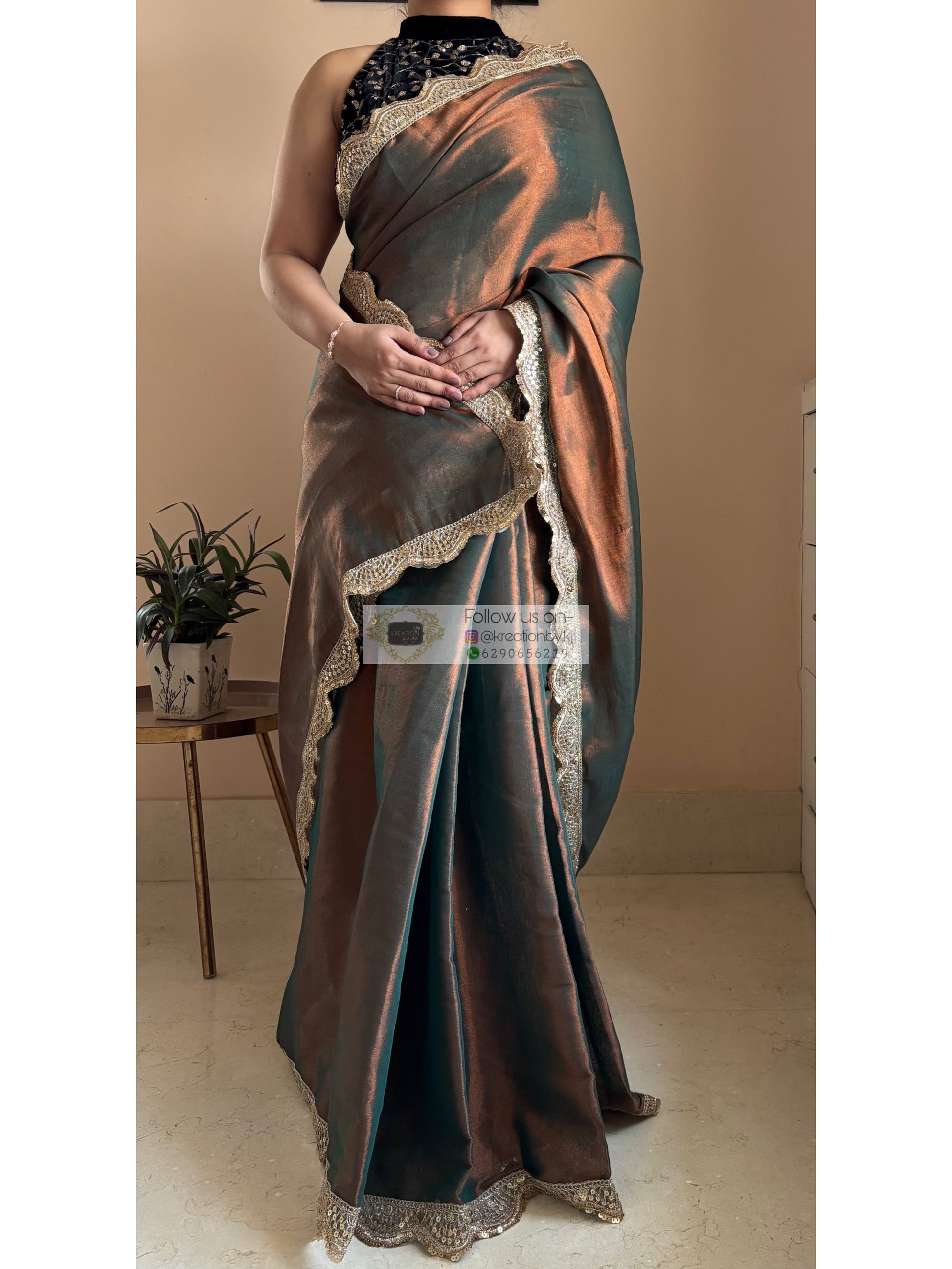 Copper Brown Cotton Tissue Saree with Mehraab Border kreationbykj