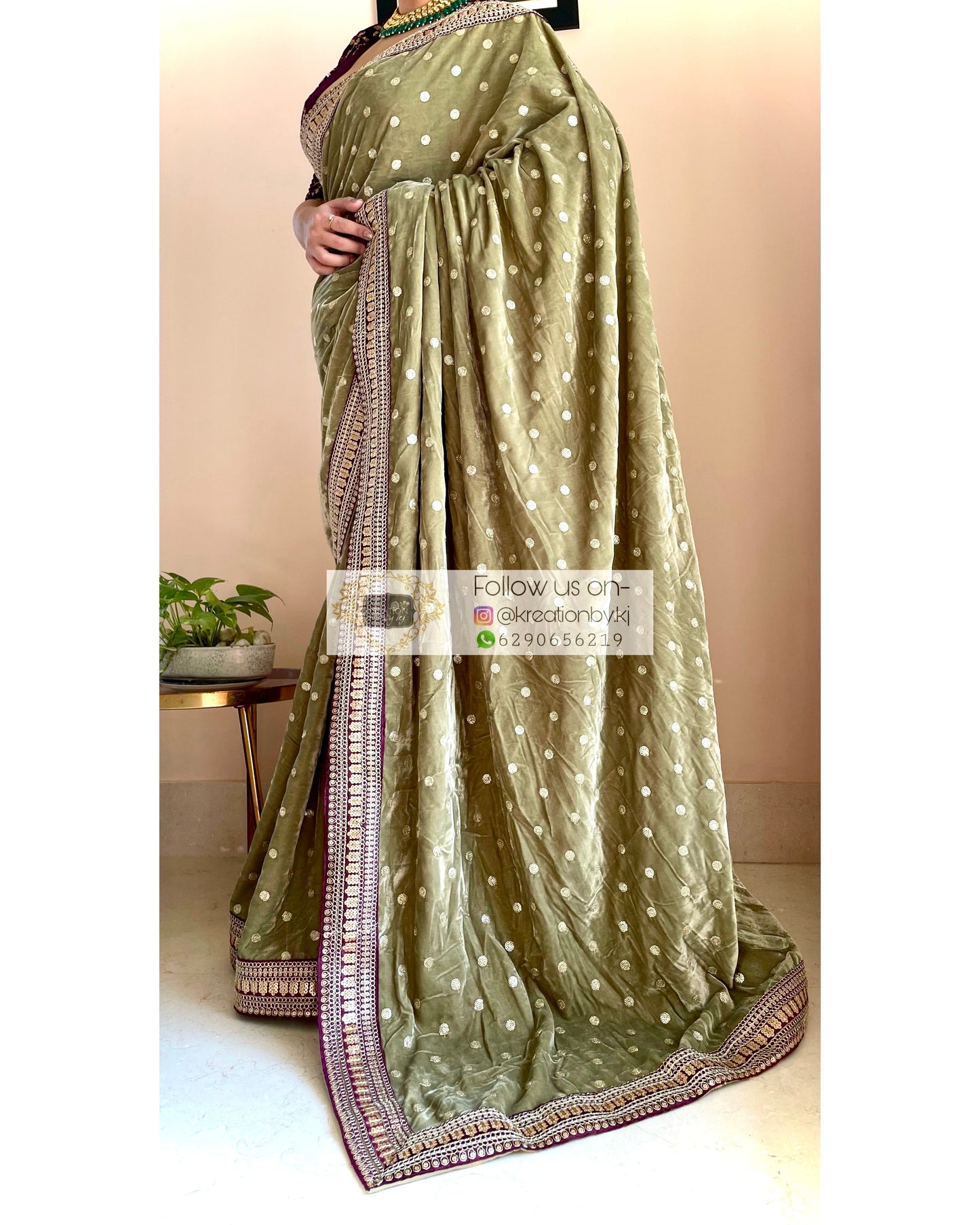 Sage Green Velvet Saree With Border kreationbykj