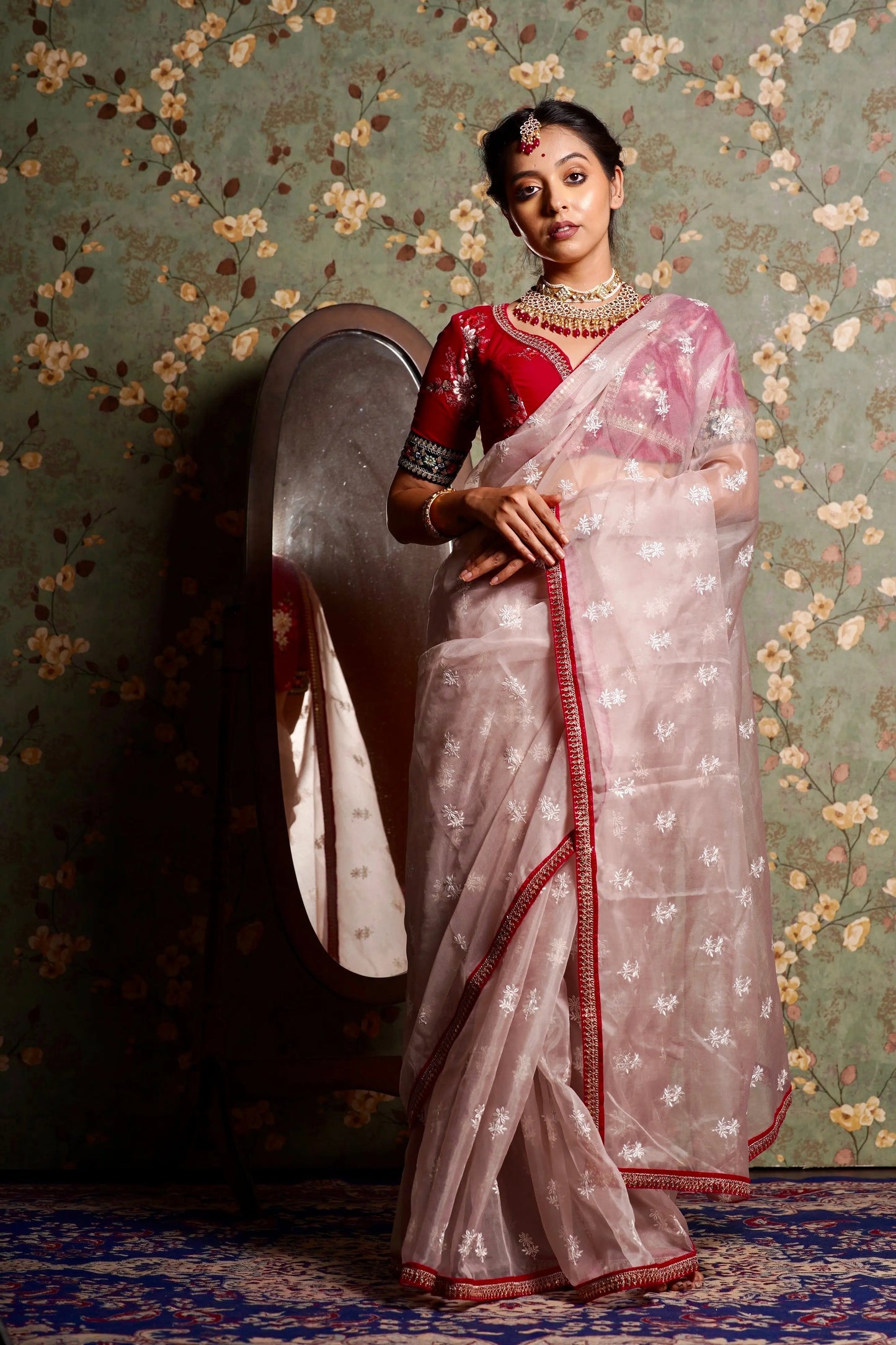Blush Pink Organza Saree with Rani Pink Border kreationbykj