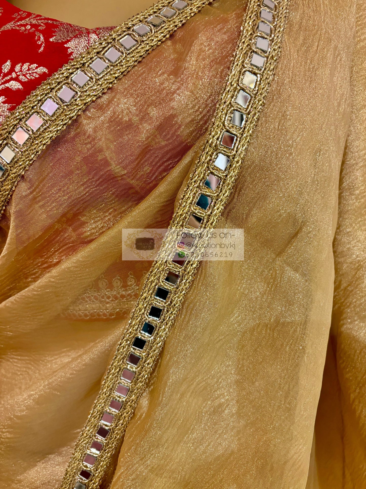 Golden Beige Tissue Saree with Mirror Border kreationbykj