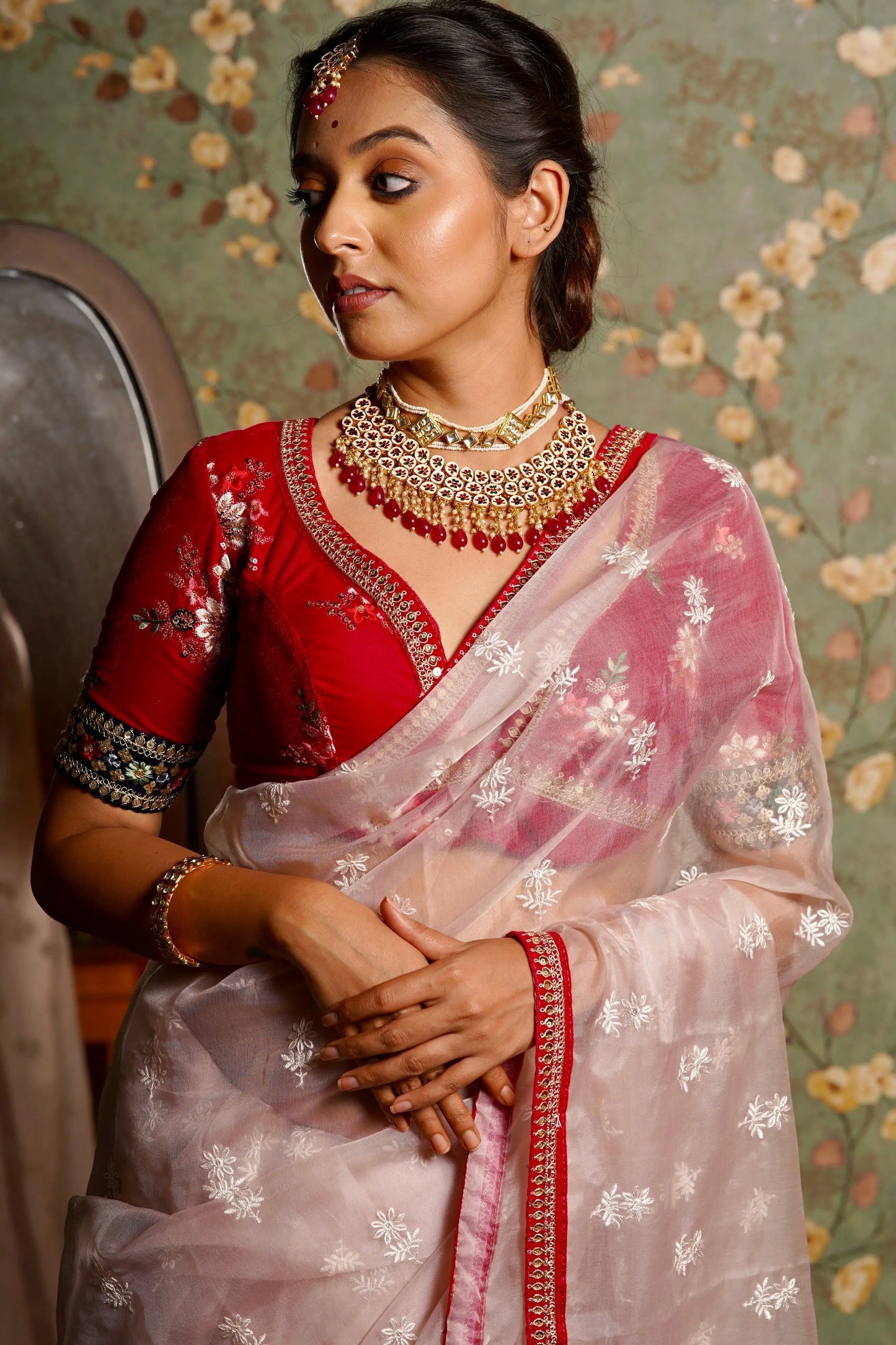 Blush Pink Organza Saree with Rani Pink Border kreationbykj