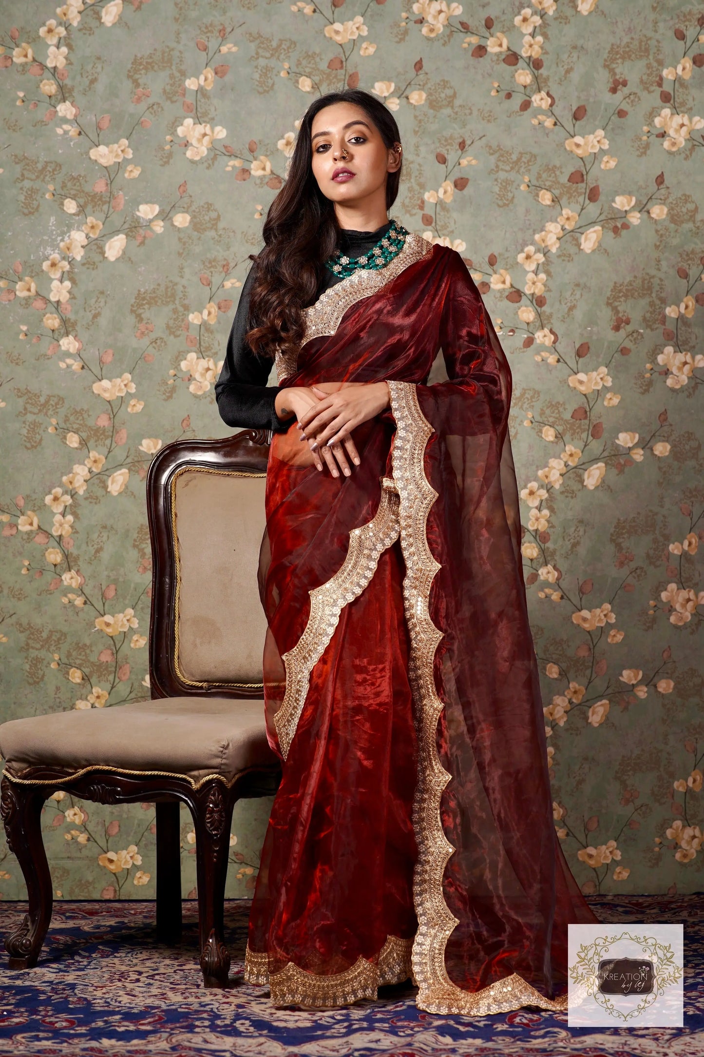 Maroon Glass Tissue with Golden  Border Saree kreationbykj