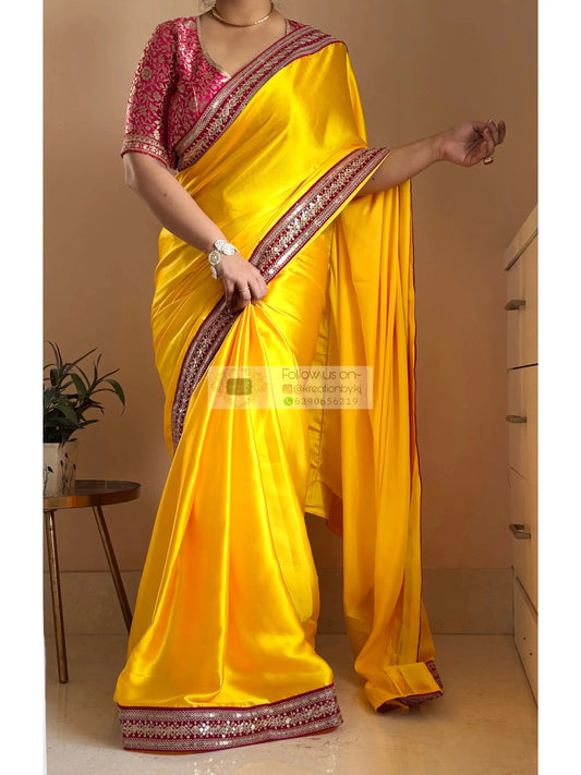 Yellow Satin Silk Saree with Pink Border - kreationbykj