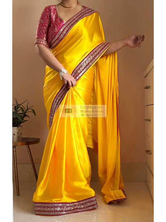 Yellow Satin Silk Saree with Pink Border - kreationbykj