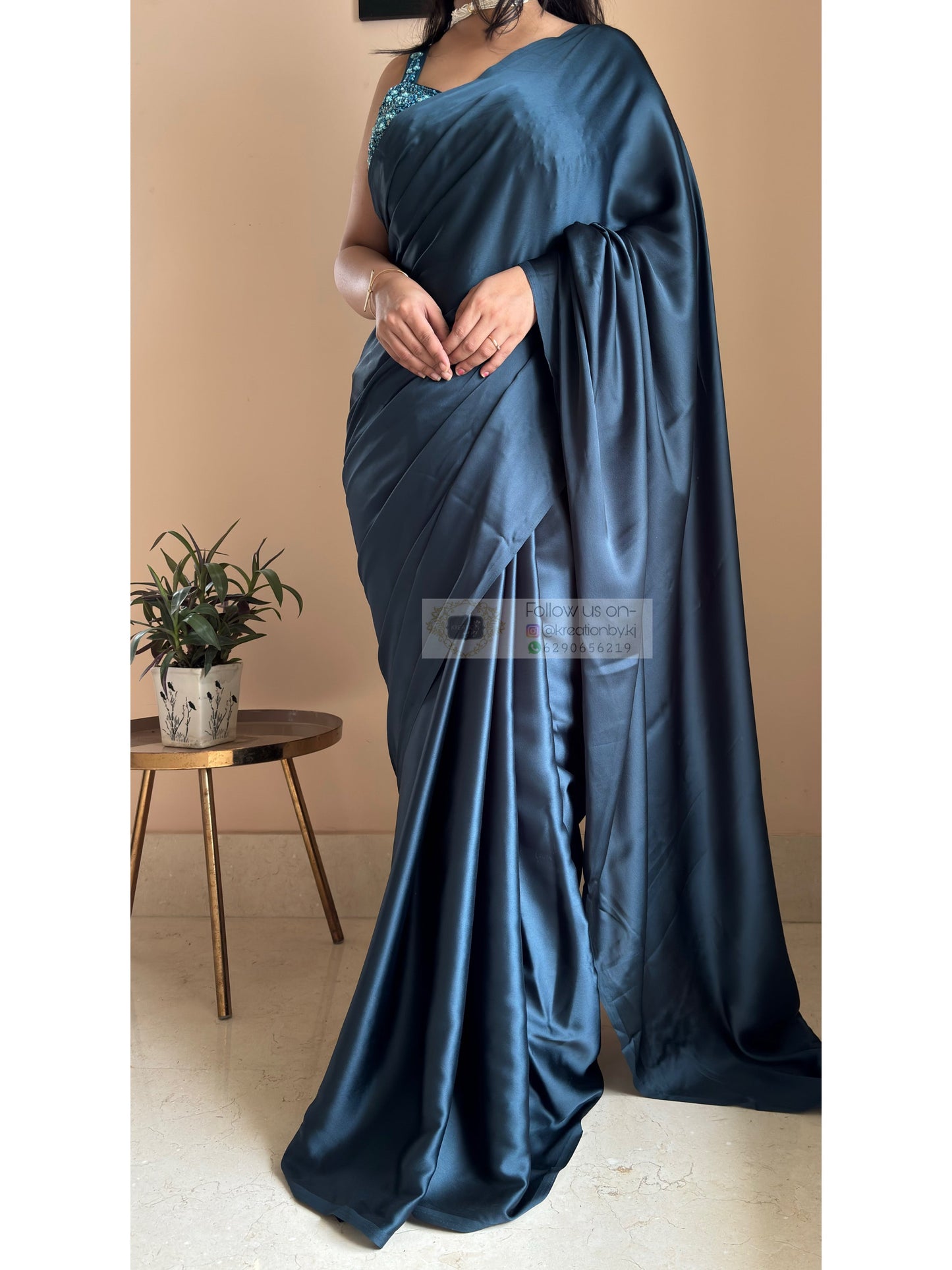 Midnight Blue Satin Silk Saree With Handmade Tassels On Pallu kreationbykj
