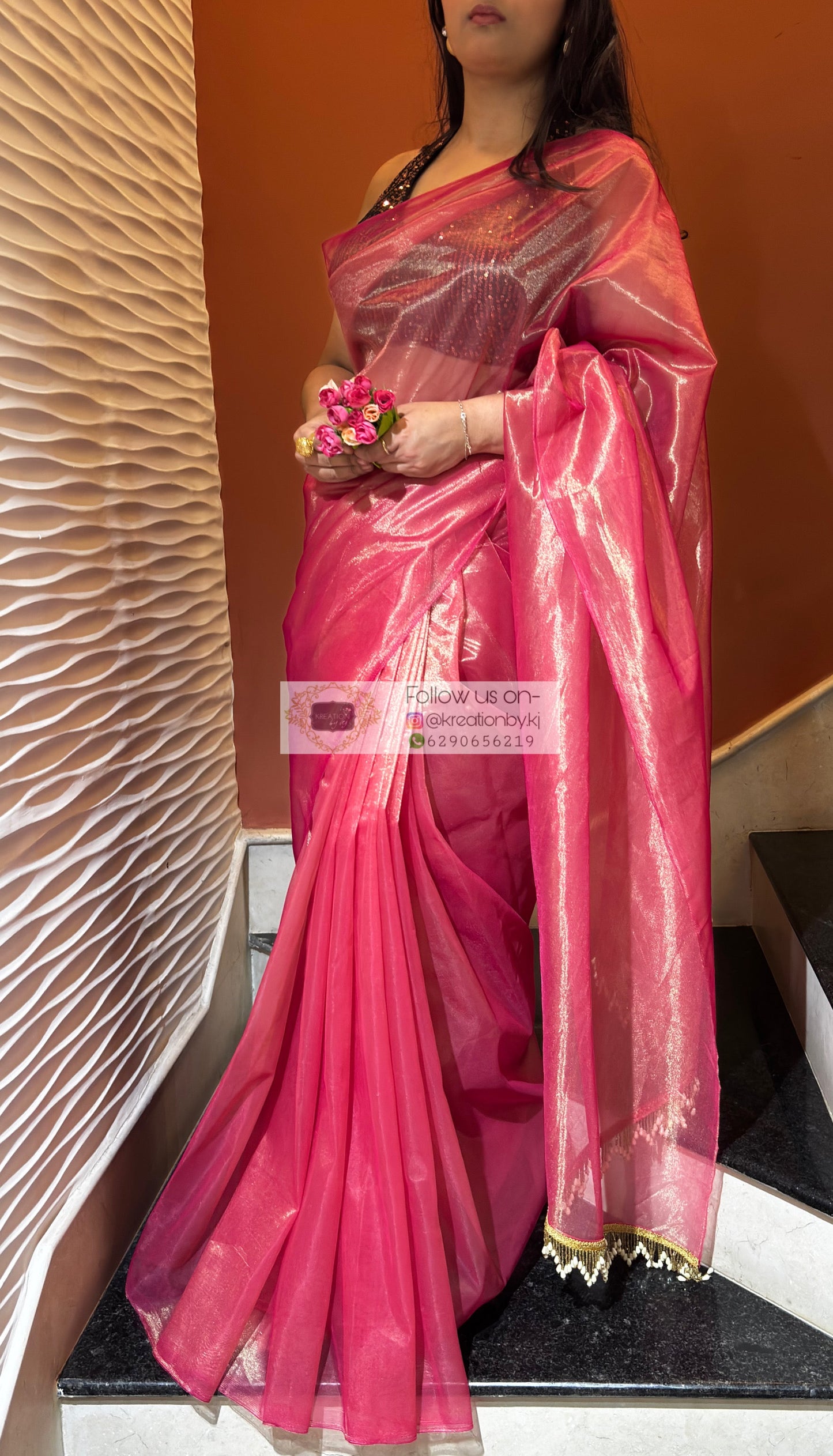 Rose Pink Tissue Net Bridal  Saree kreationbykj