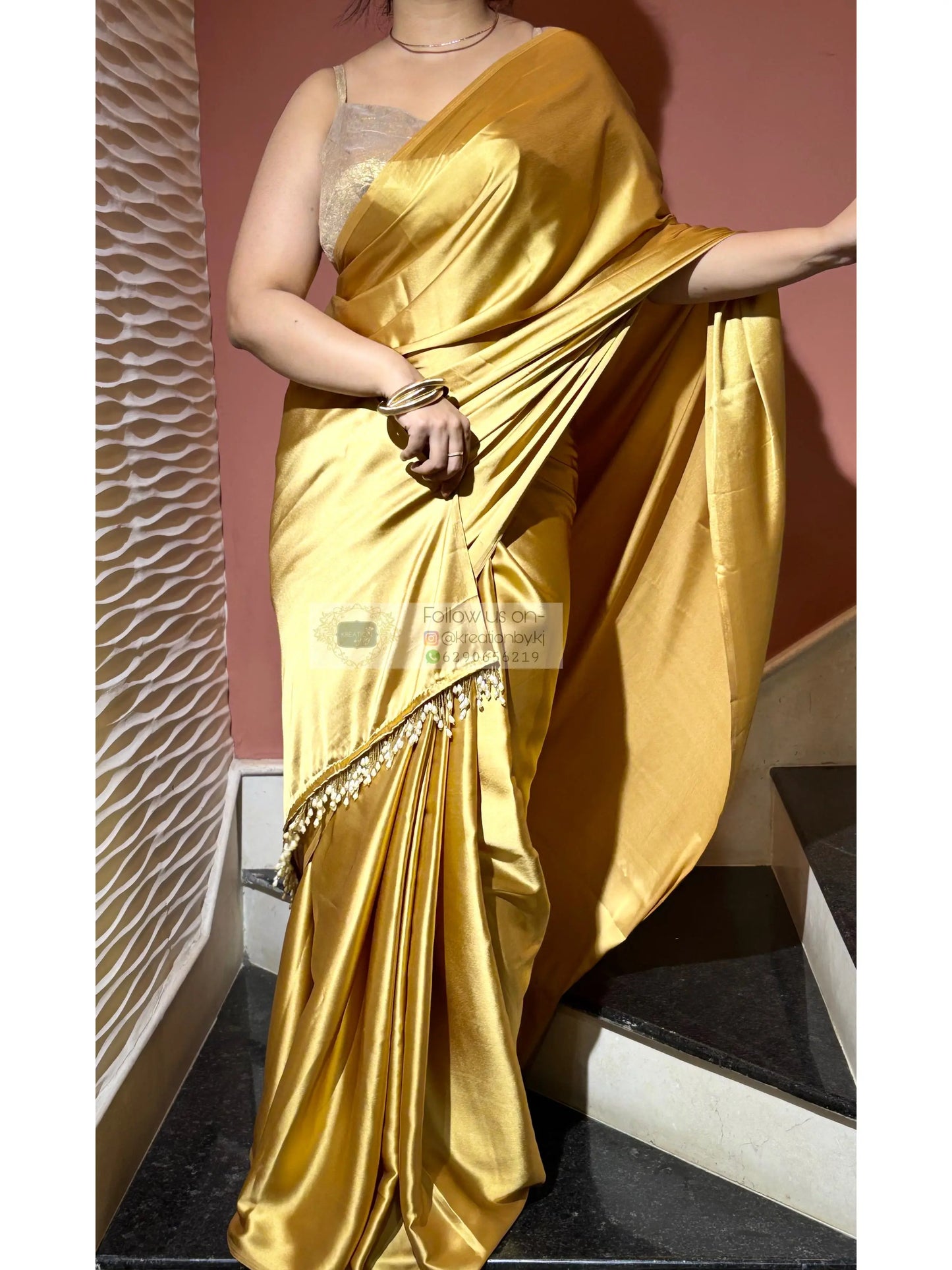 Golden mustard Satin Silk Saree with Handmade Tassels on Pallu - kreationbykj