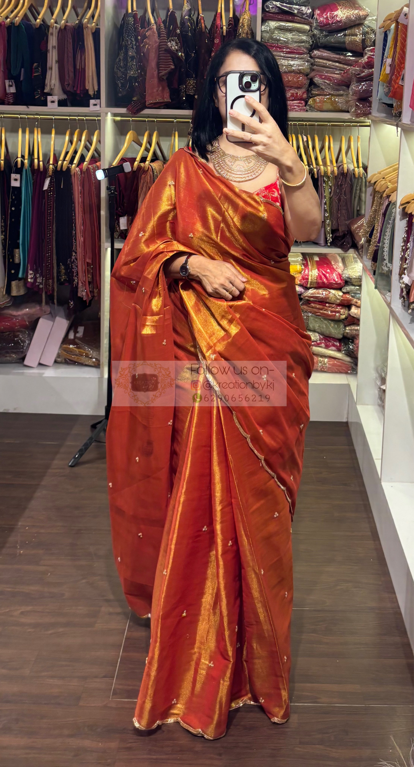 Burnt Orange Tissue Saree with Handembroidered Scalloping kreationbykj