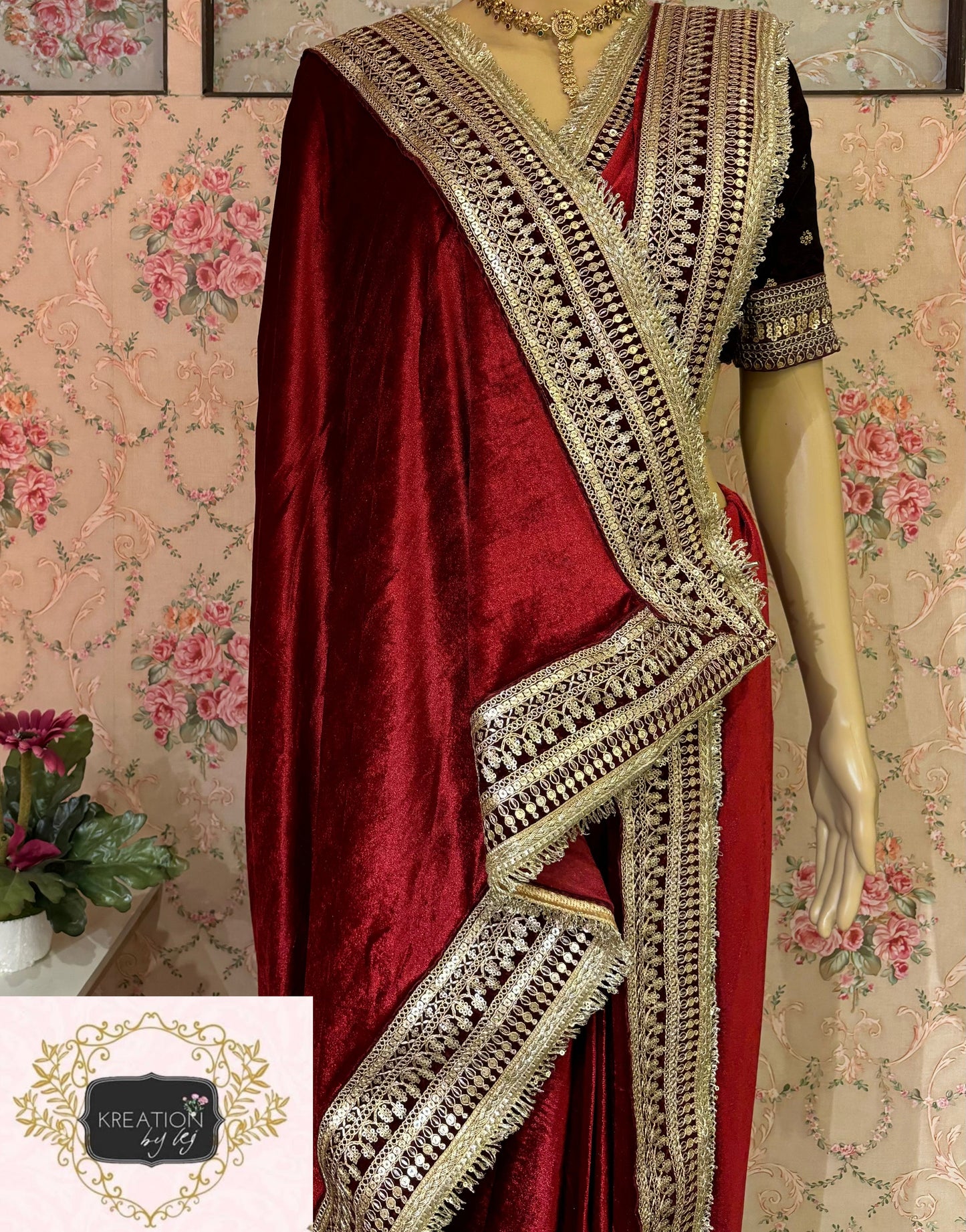 Maroon Velvet Banno Saree kreationbykj