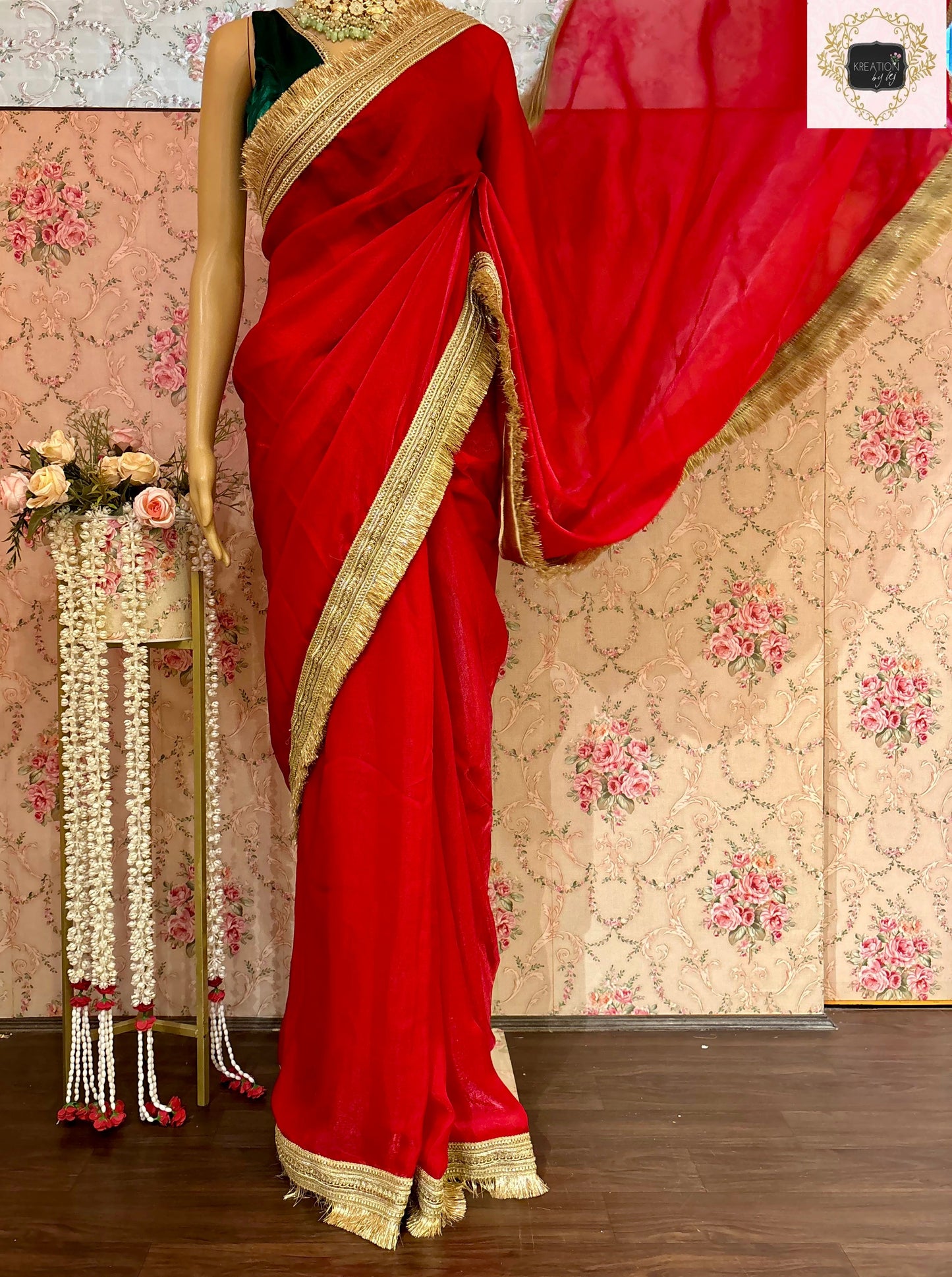Red Metallic Shimmer Satin Banno Saree kreationbykj