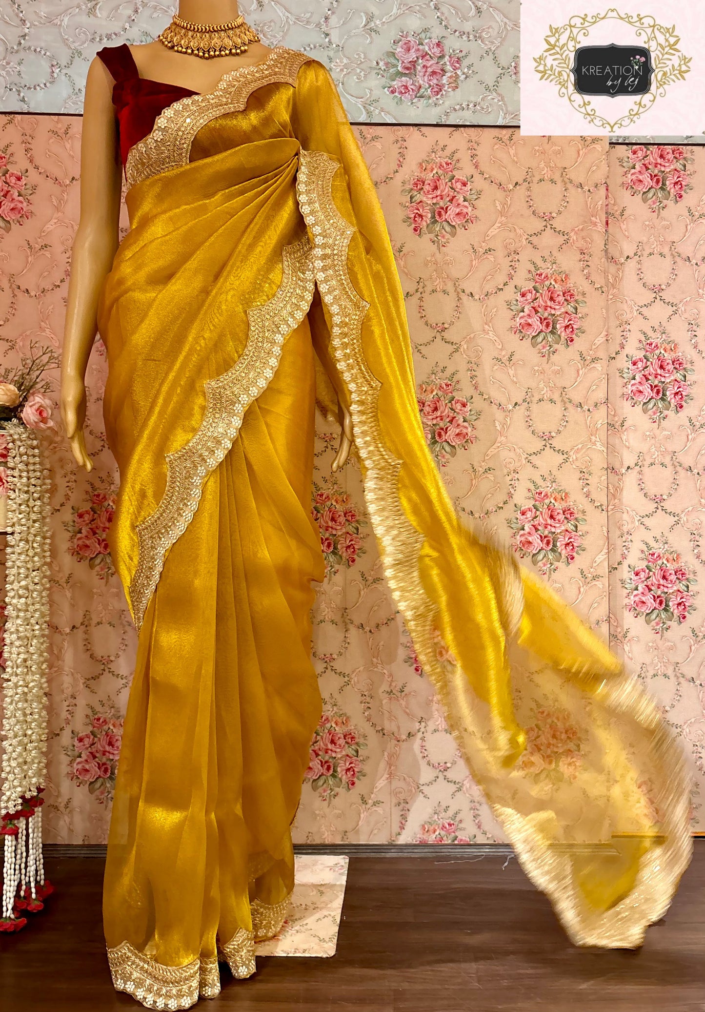 Golden Yellow Zari Tissue with Golden Border Saree kreationbykj