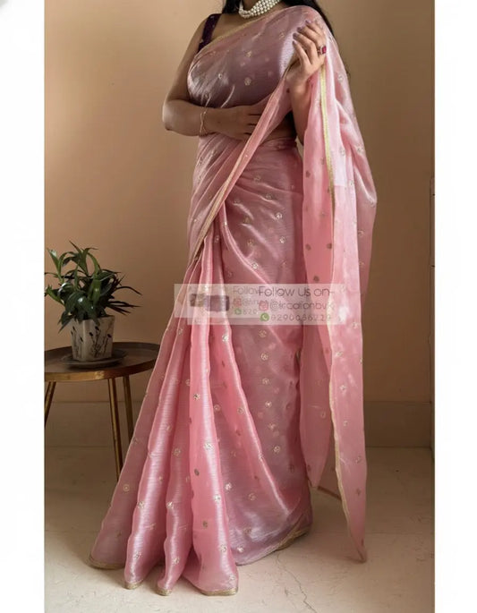 Peach Mettalic Chiffon Saree with Sequin Border kreationbykj