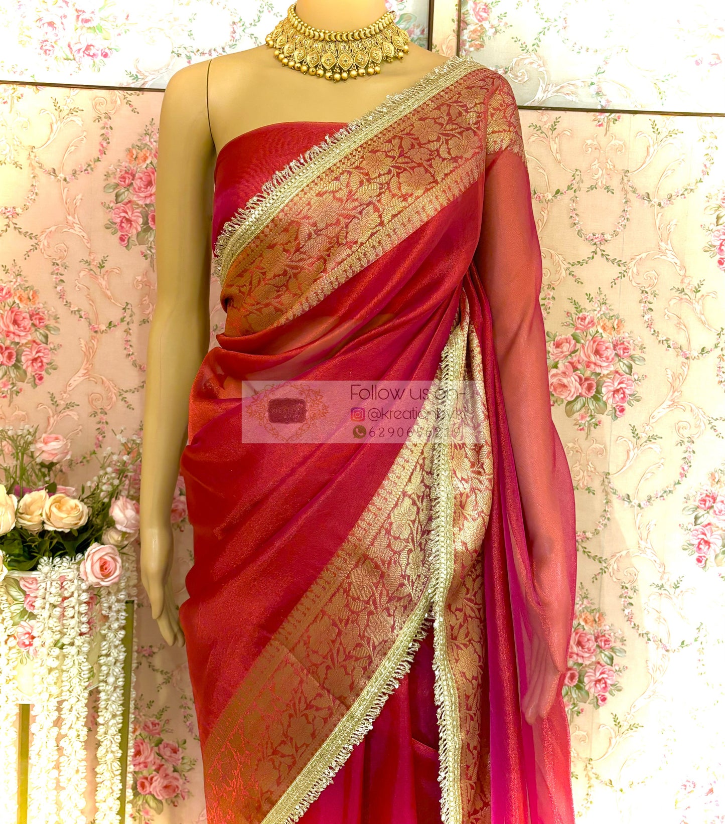Cherry Red Designer Tissue Silk Banarasi Saree kreationbykj