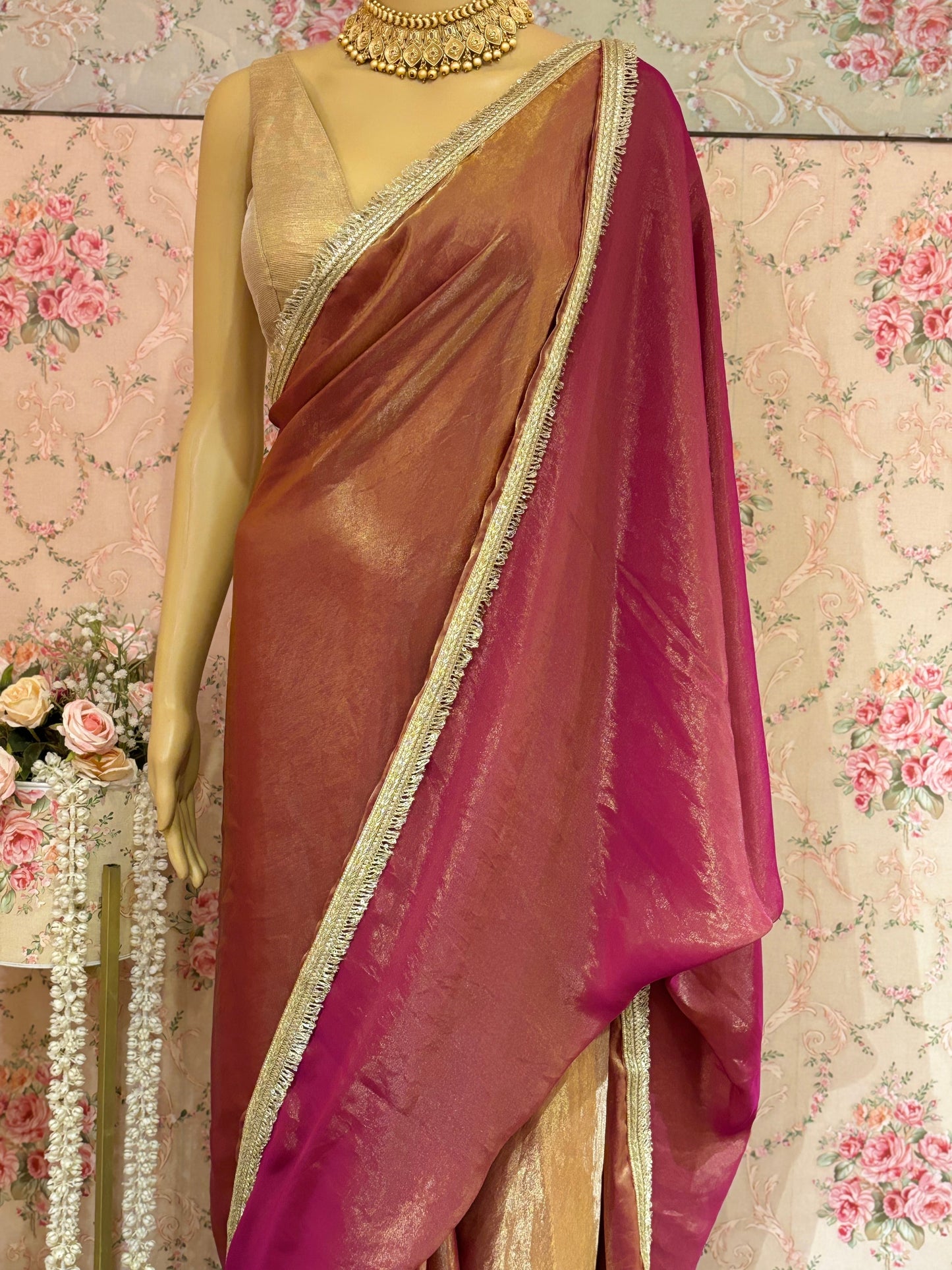 Hot Pink Metallic Shimmer Satin Banno Saree kreationbykj