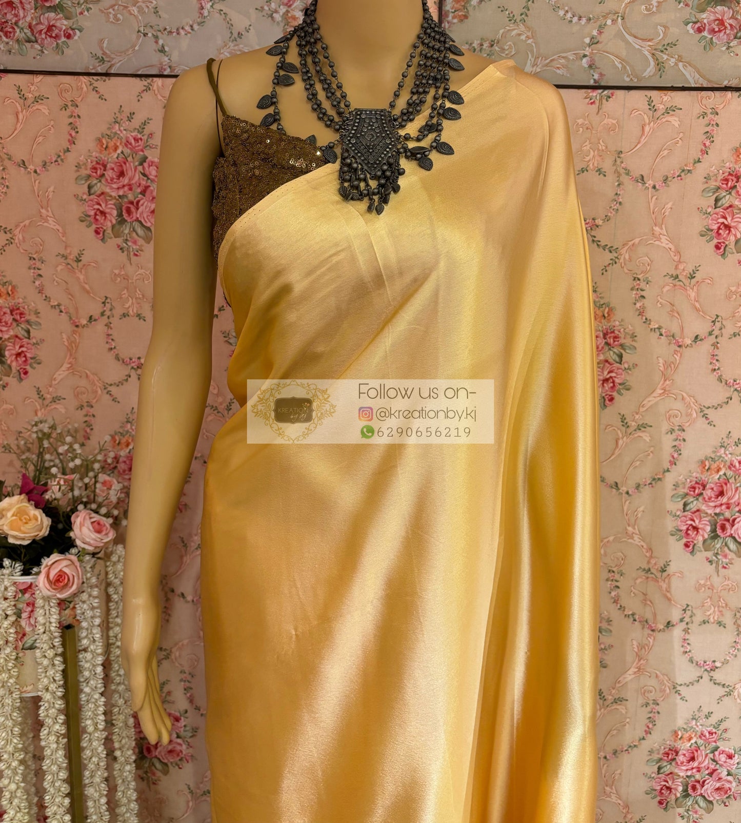 Yellow Cream Satin Silk Saree with Handmade Tassels on Pallu kreationbykj