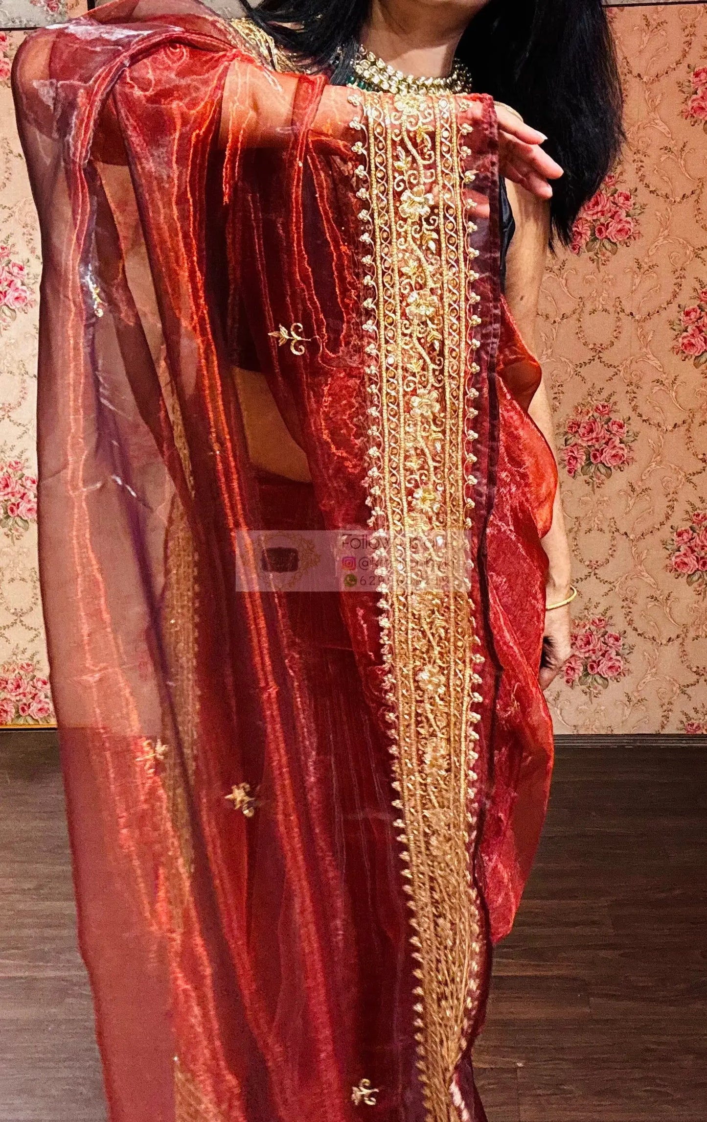 Maroon Glass Tissue Zarina Wedding Saree kreationbykj