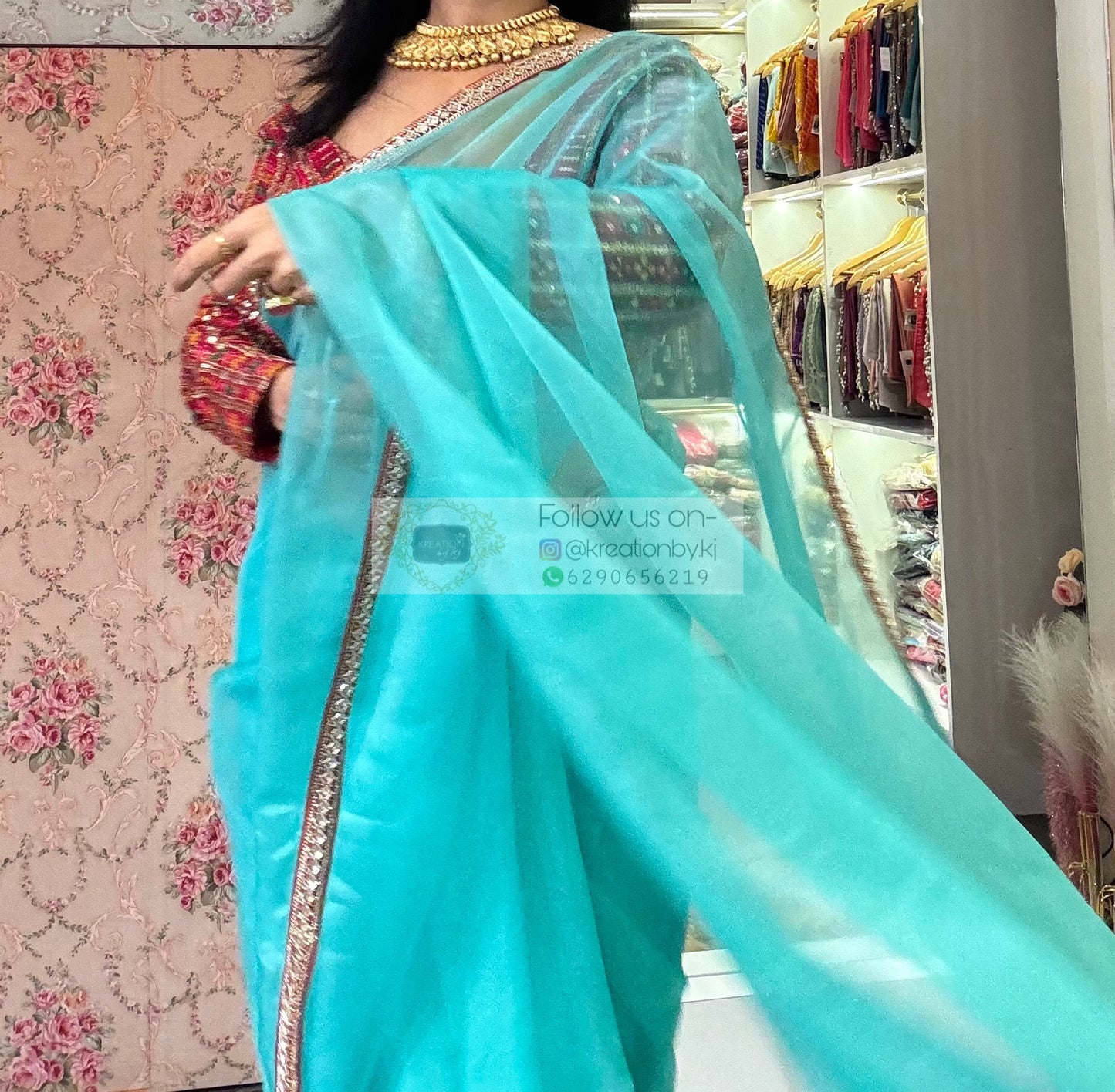 Aqua Blue Organza Saree With Red Cutdana Border kreationbykj
