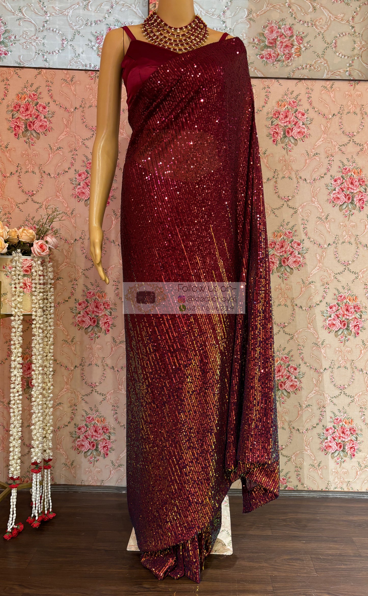 Maroon Sequins Starlit Vogue cocktail Saree - kreationbykj