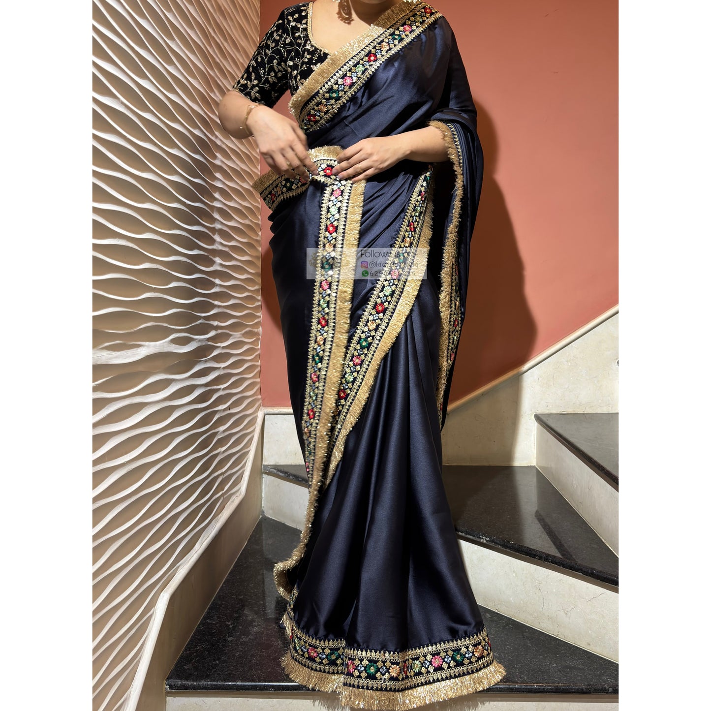 Navy Blue Satin Silk Floral Banno Saree kreationbykj