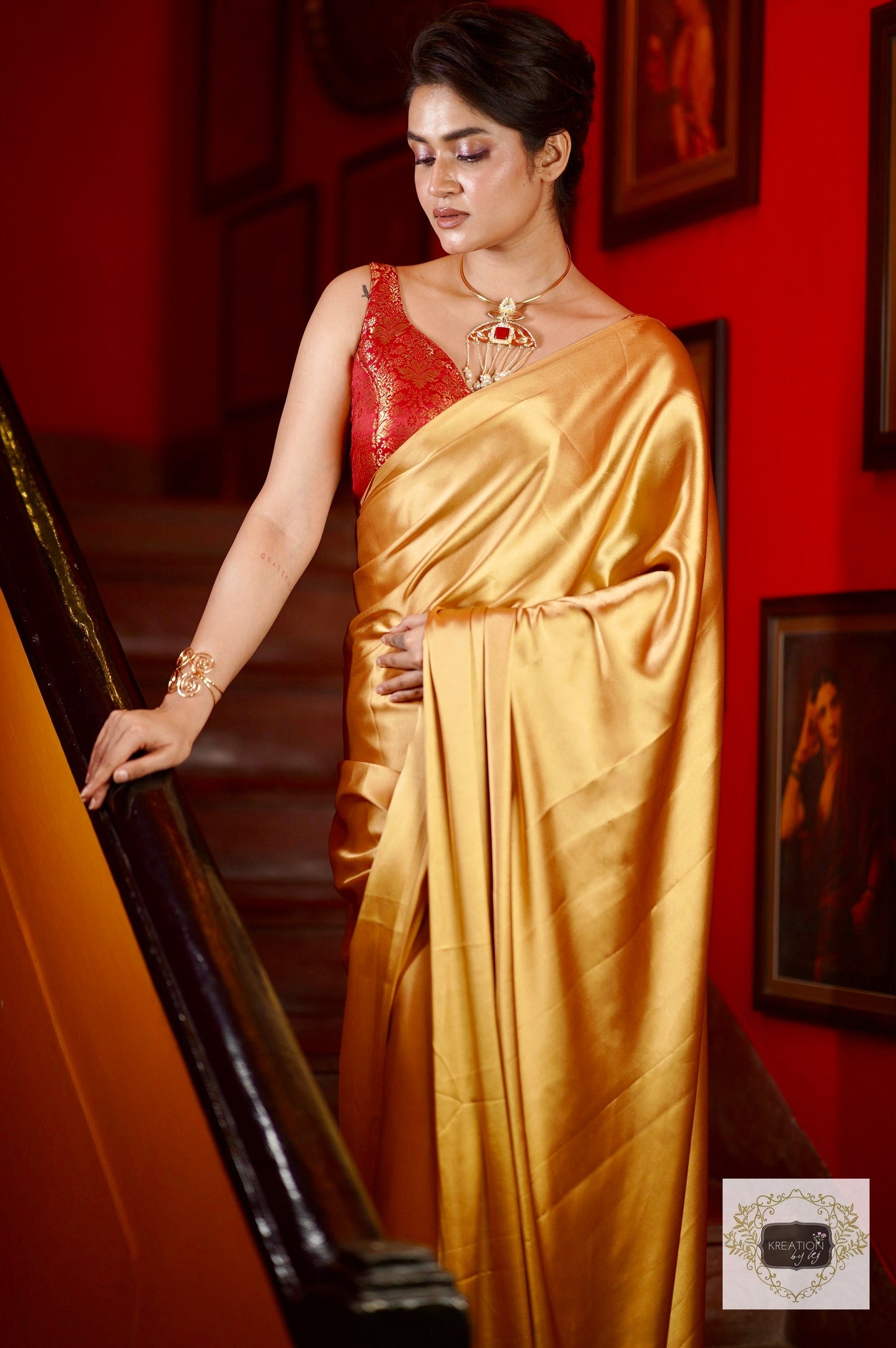 Champagne Gold Satin Saree kreationbykj