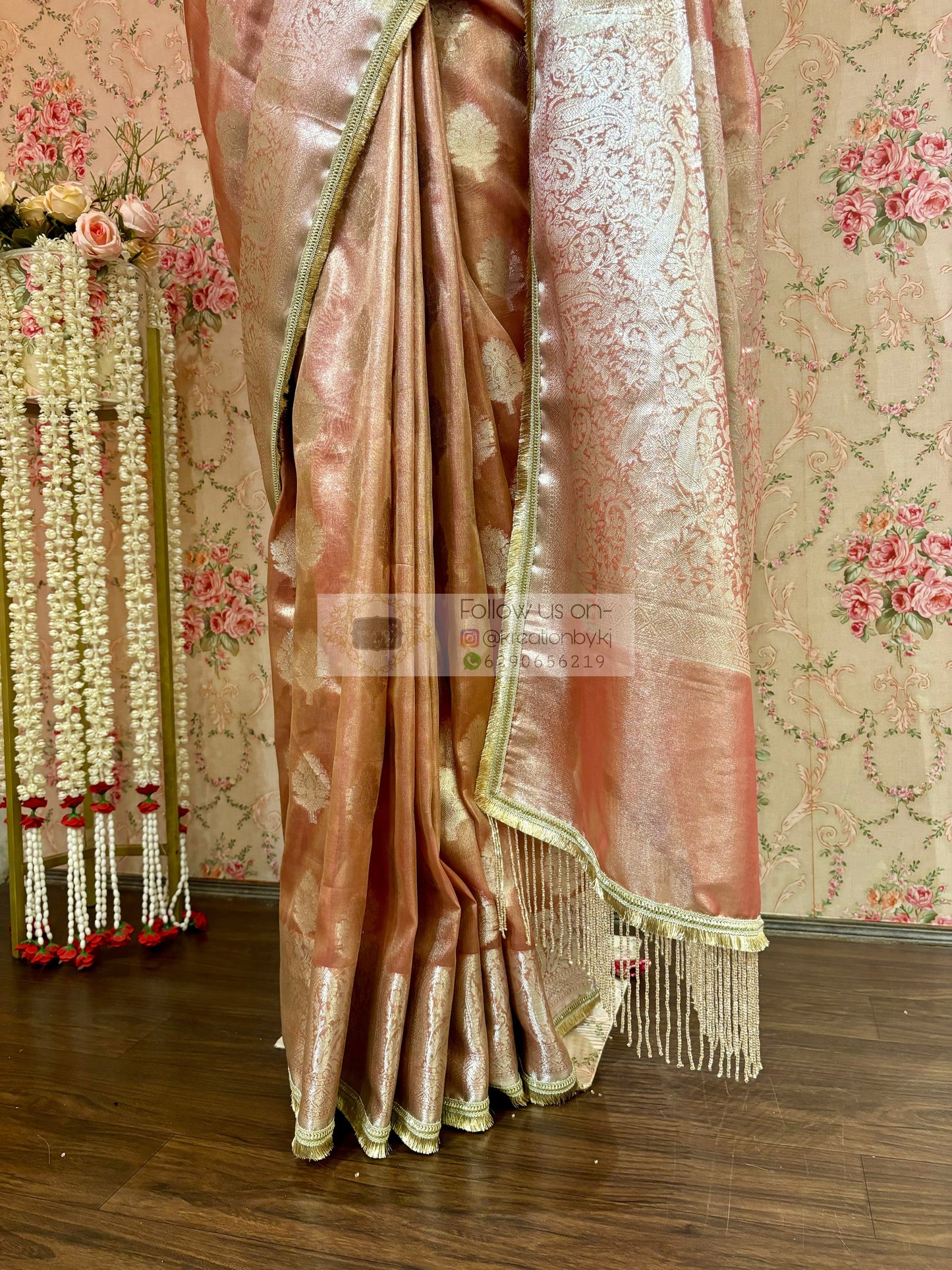 Peach Rose Designer Banarasi Tissue Silk Saree kreationbykj