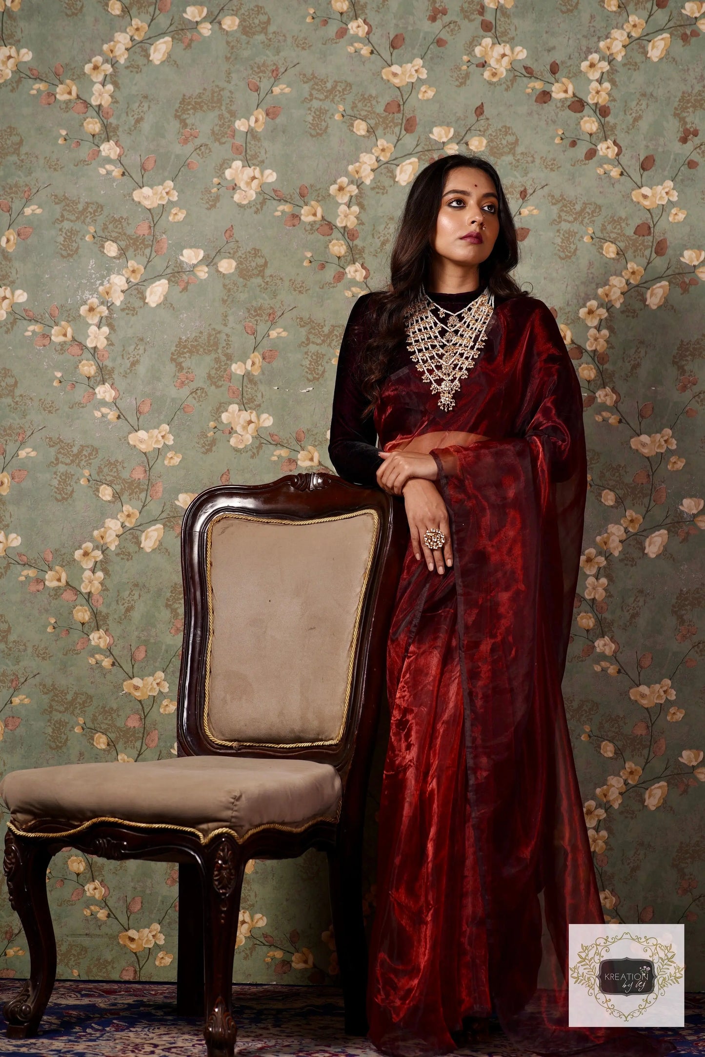 Maroon Glass Tissue Saree kreationbykj.in