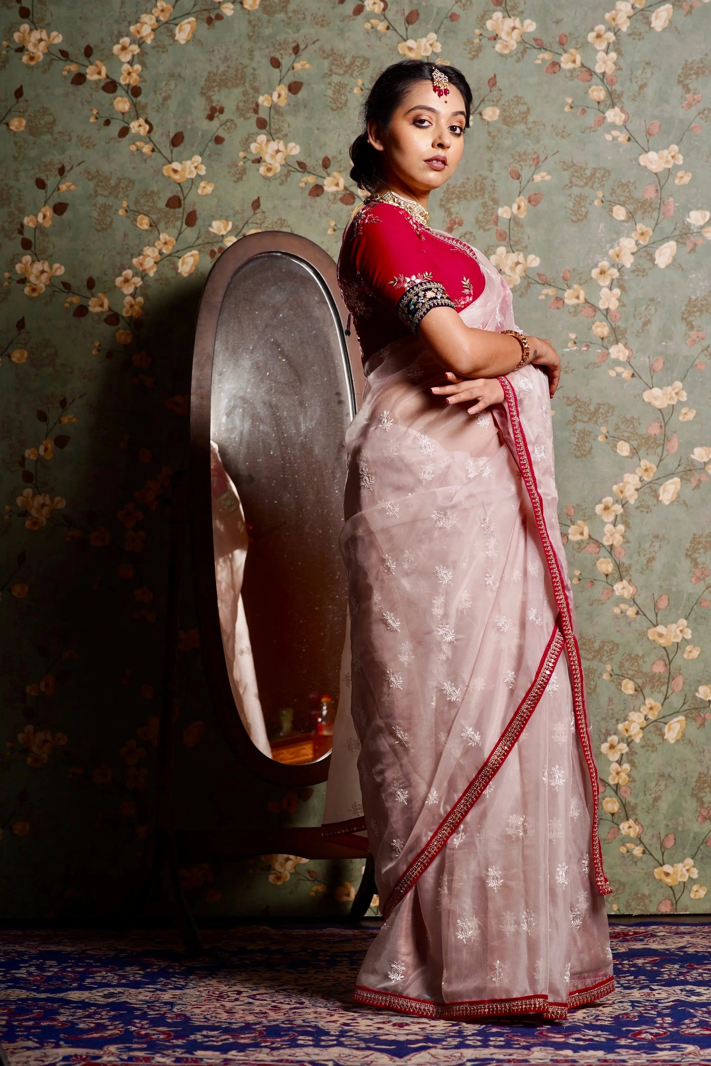 Blush Pink Organza Saree with Rani Pink Border kreationbykj