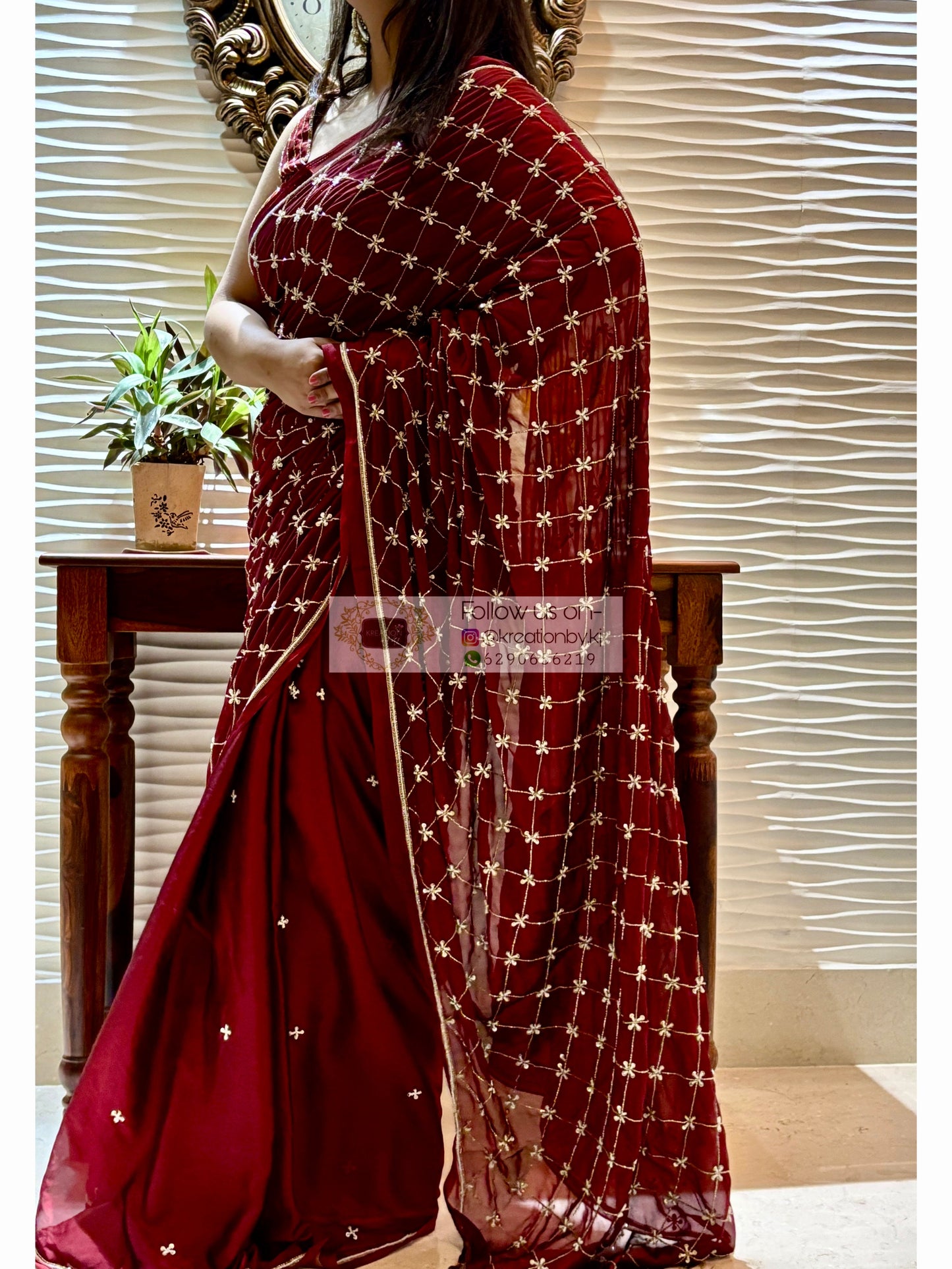 Maroon Georgette Cutdana Jaal Saree kreationbykj