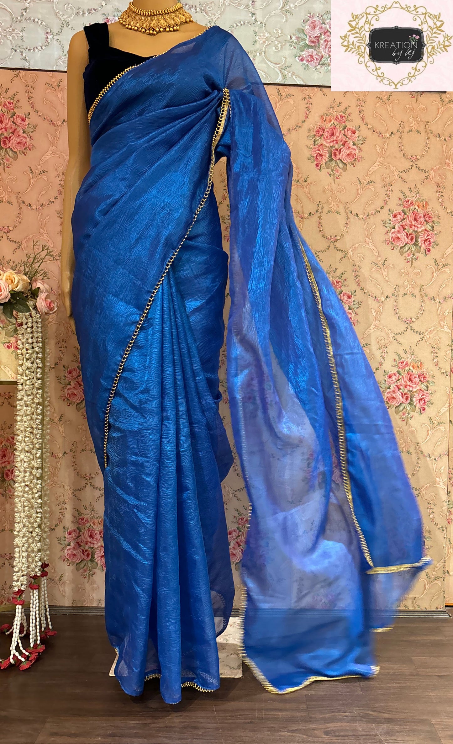 Blue Crushed Tissue Saree kreationbykj