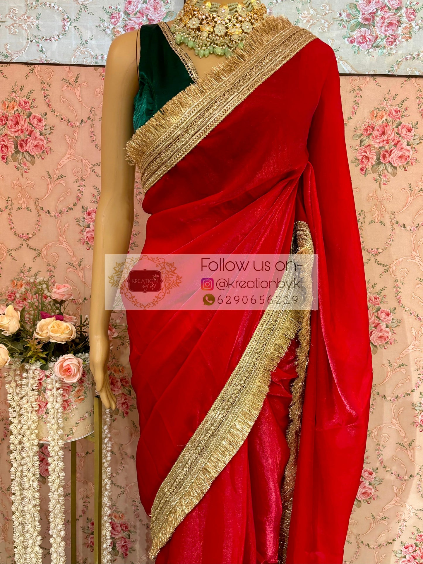 Red Metallic Shimmer Satin Banno Saree kreationbykj