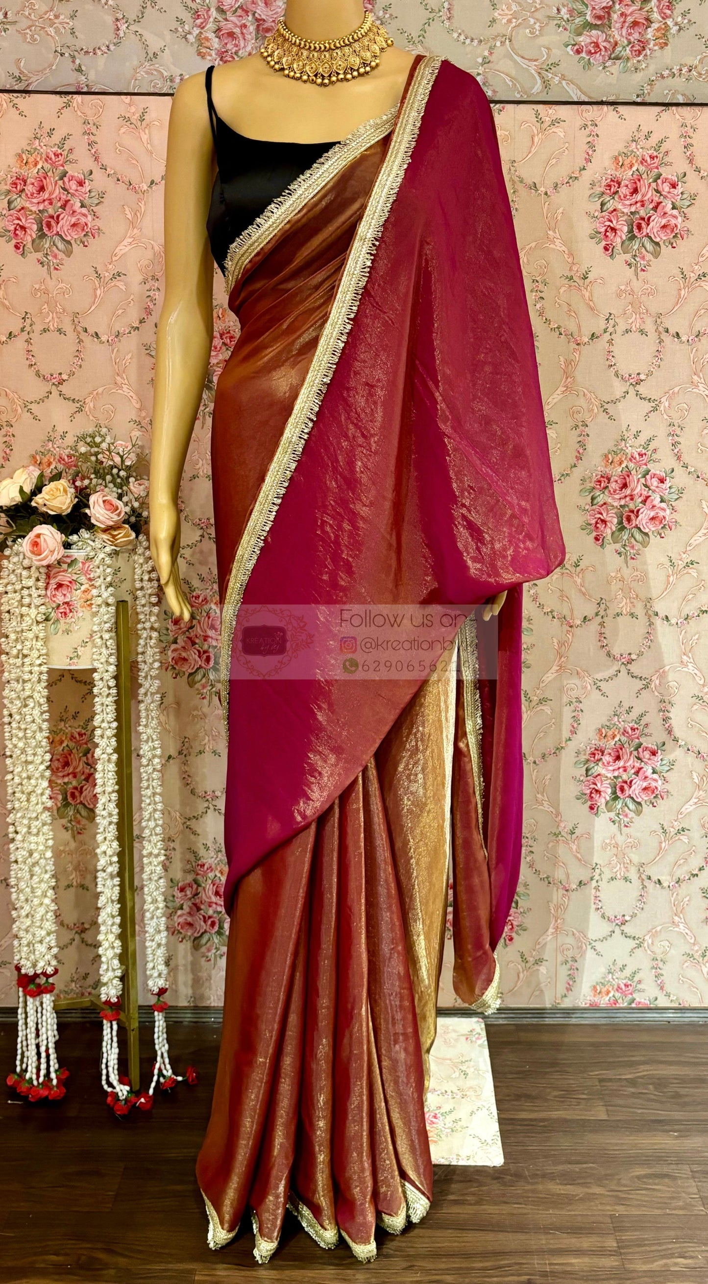 Hot Pink Metallic Shimmer Satin Banno Saree kreationbykj