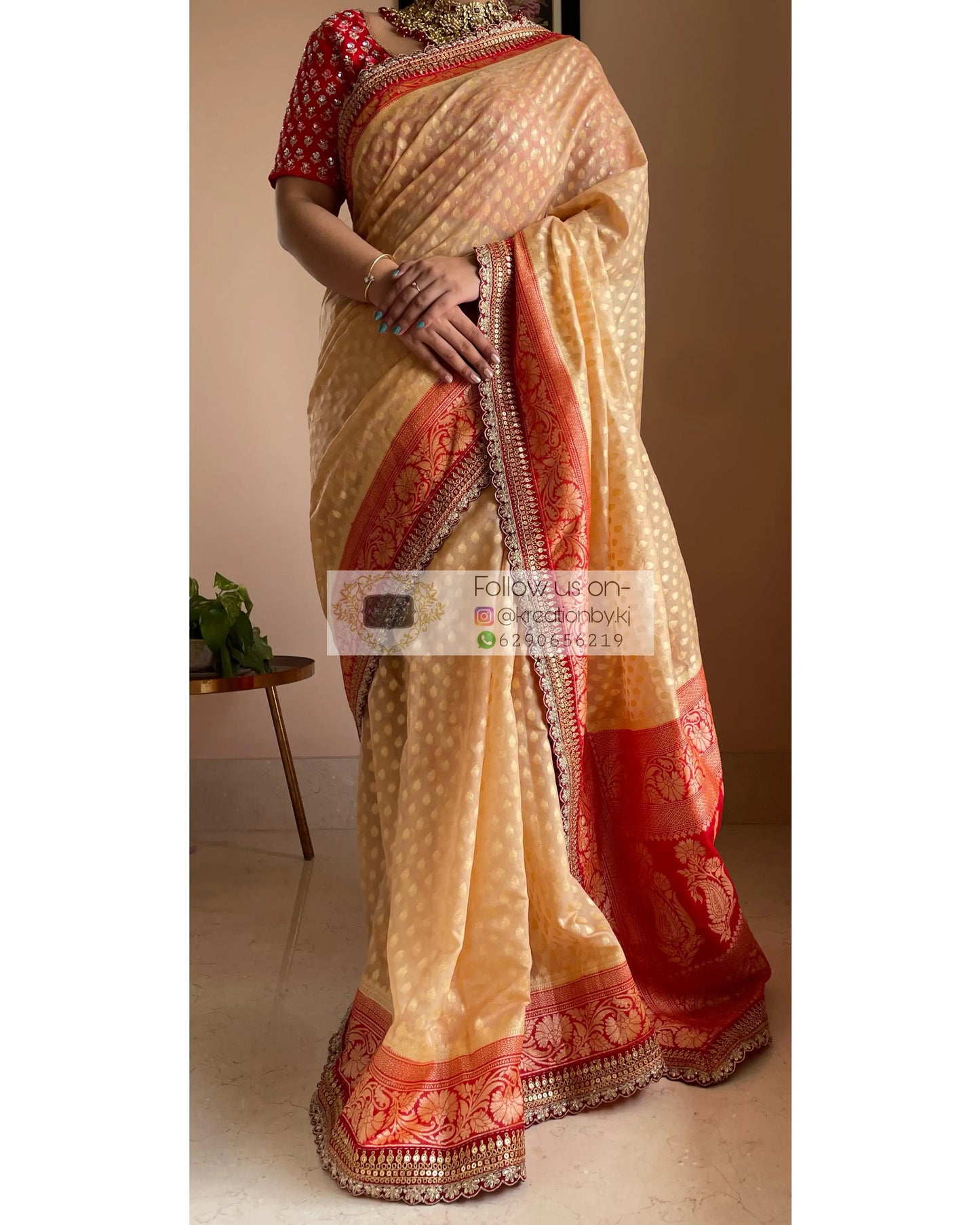 Beige Banarasi Georgette Saree with Red Border for Puja kreationbykj