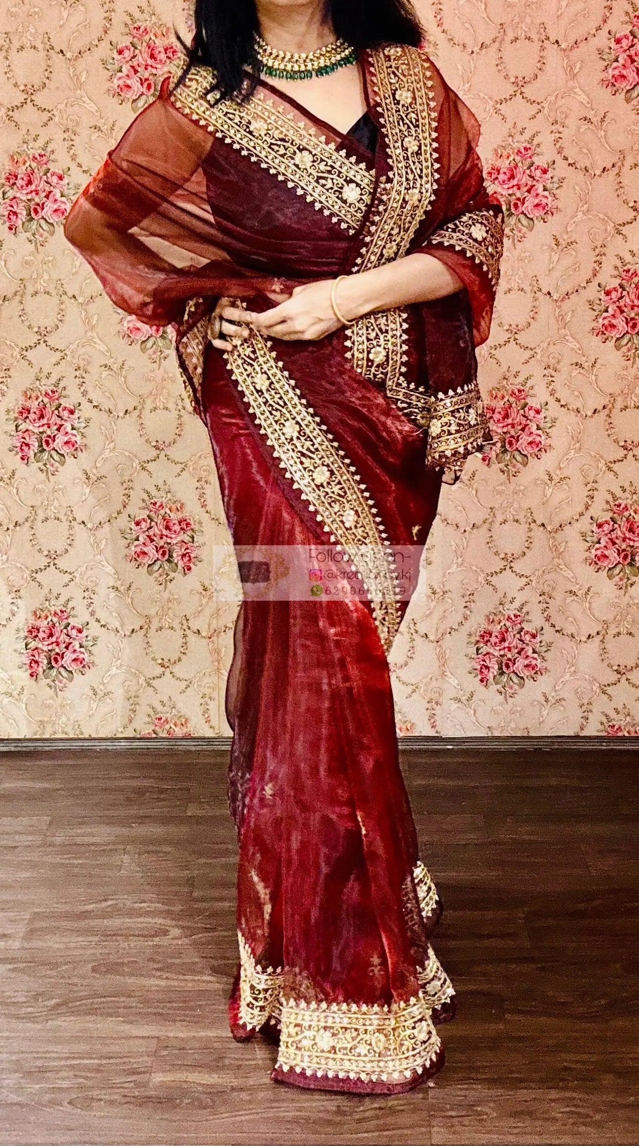 Maroon Glass Tissue Zarina Wedding Saree kreationbykj