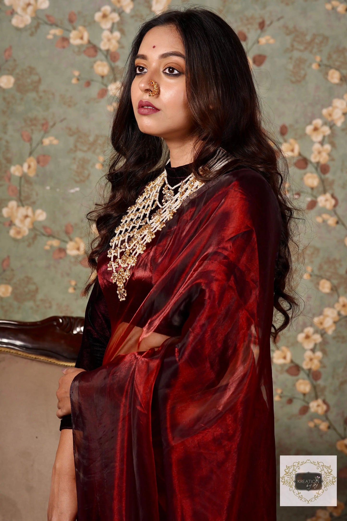 Maroon Glass Tissue Saree kreationbykj.in
